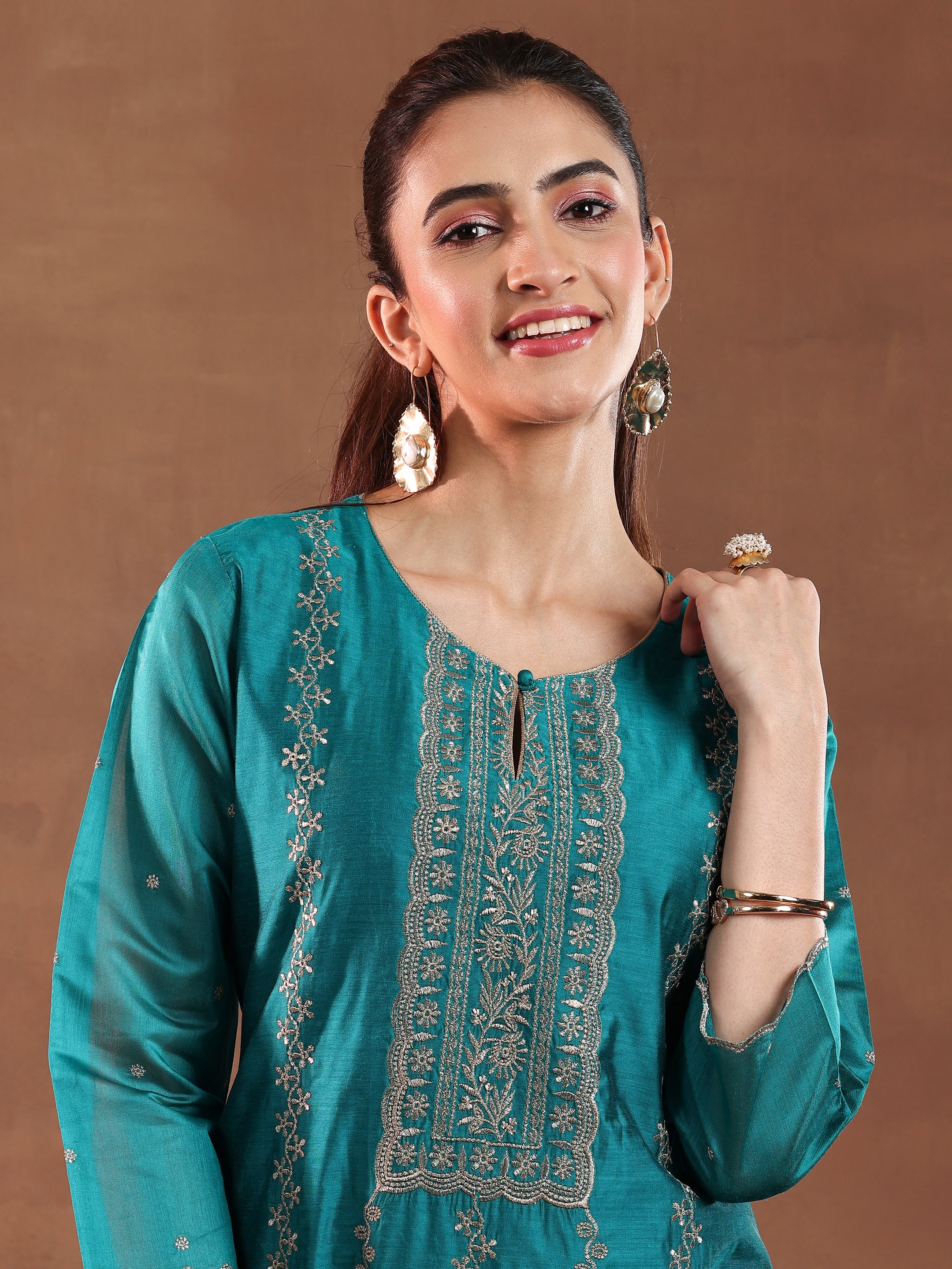 Teal Embroidered Chanderi Silk Straight Suit With Dupatta