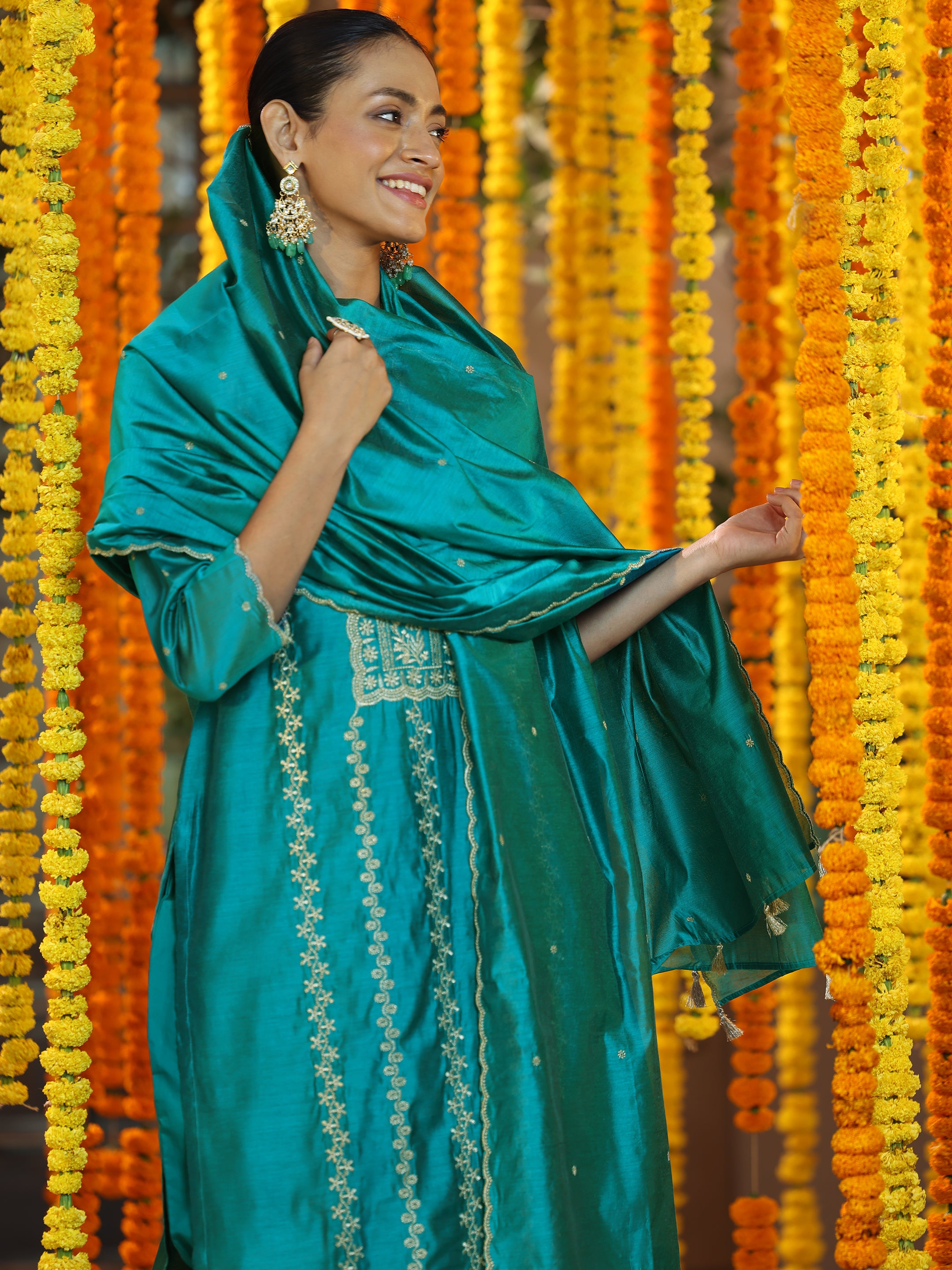 Teal Embroidered Chanderi Silk Straight Suit With Dupatta