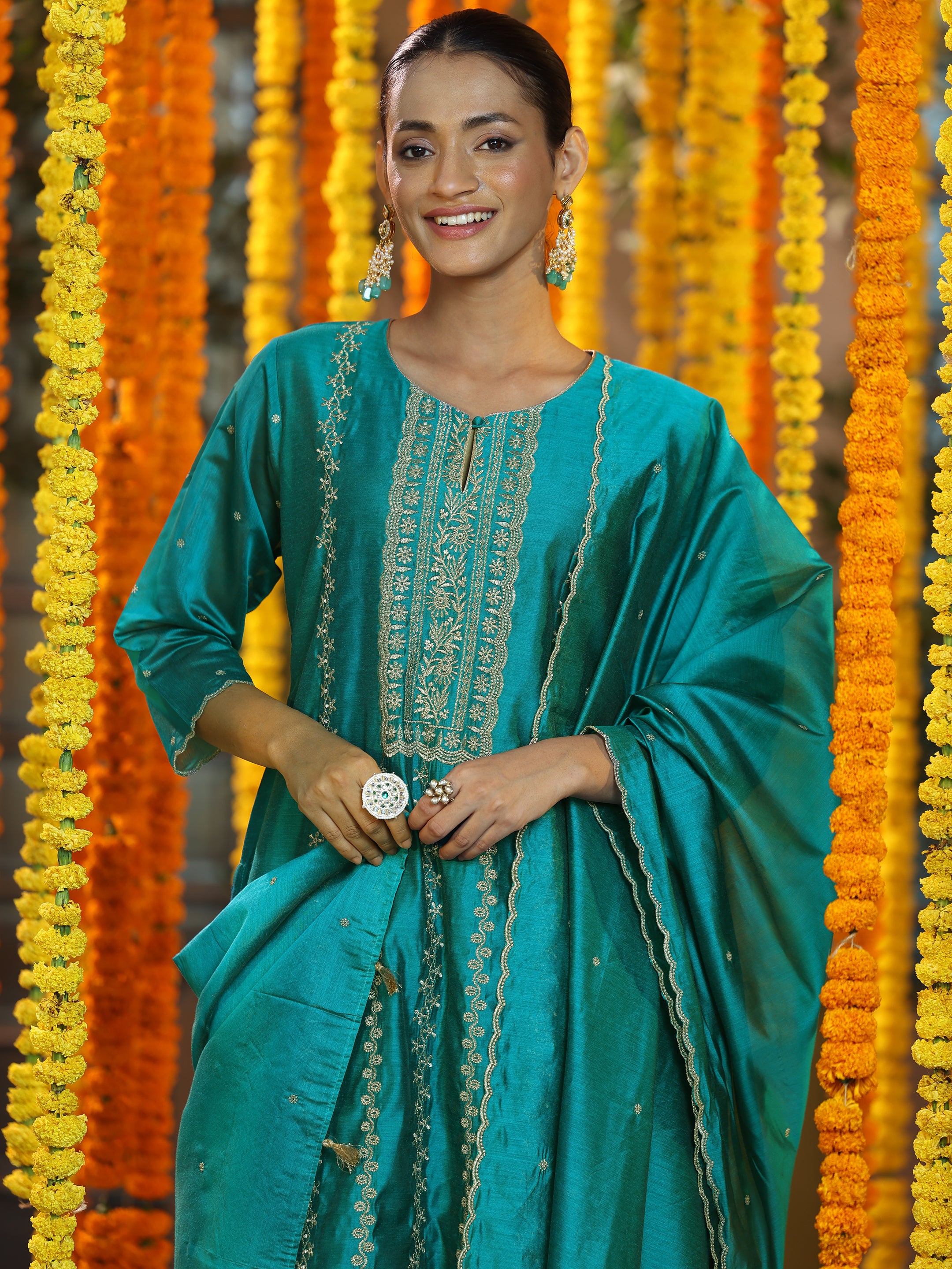 Teal Embroidered Chanderi Silk Straight Suit With Dupatta