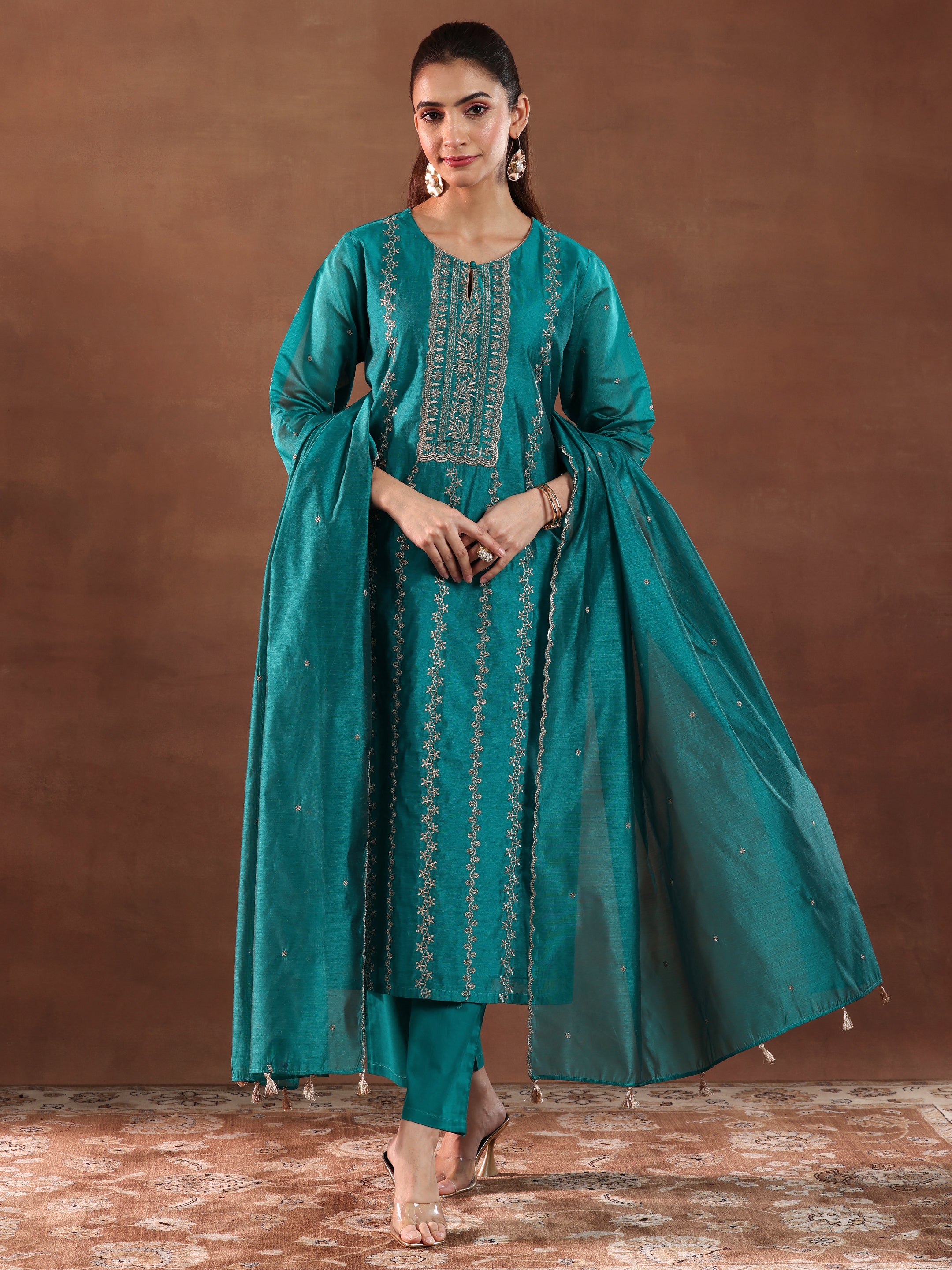 Teal Embroidered Chanderi Silk Straight Suit With Dupatta