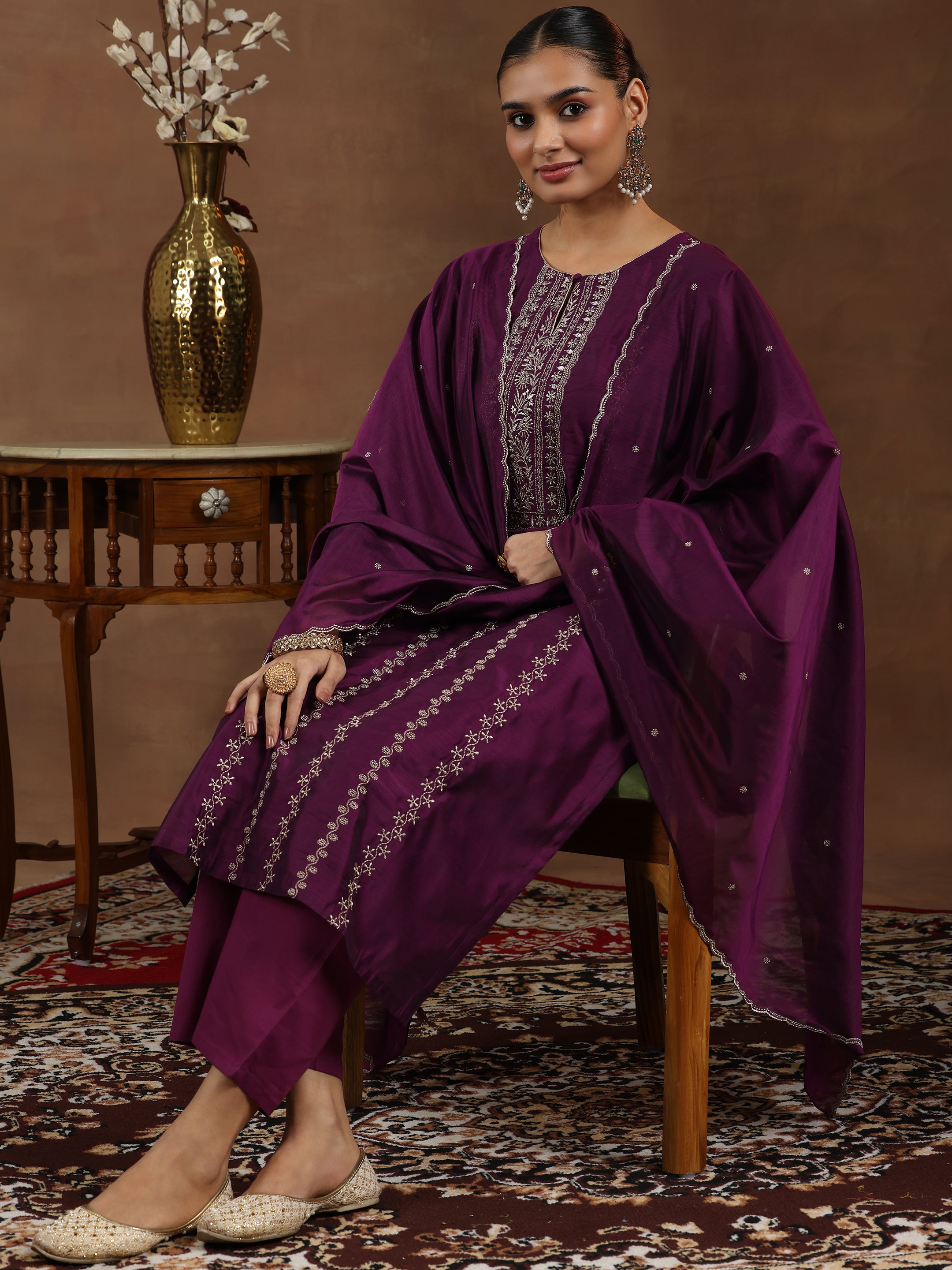 Wine Embroidered Chanderi Silk Straight Suit With Dupatta