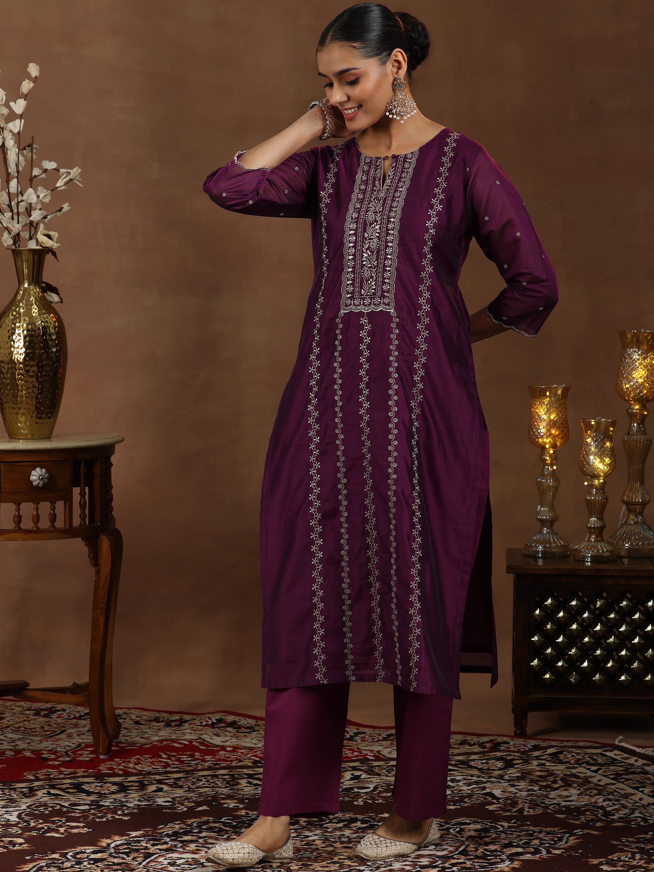 Wine Embroidered Chanderi Silk Straight Suit With Dupatta