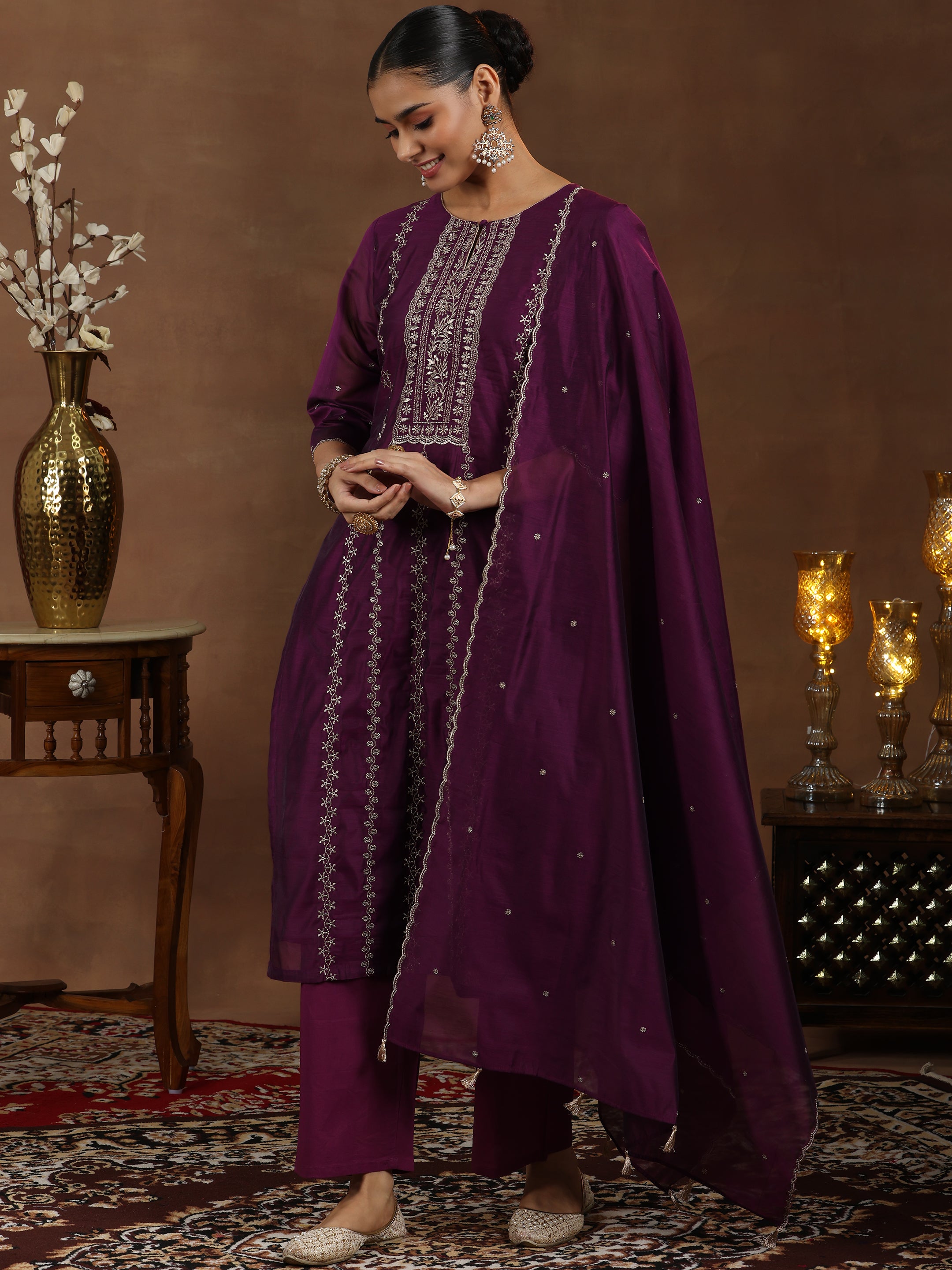 Wine Embroidered Chanderi Silk Straight Suit With Dupatta