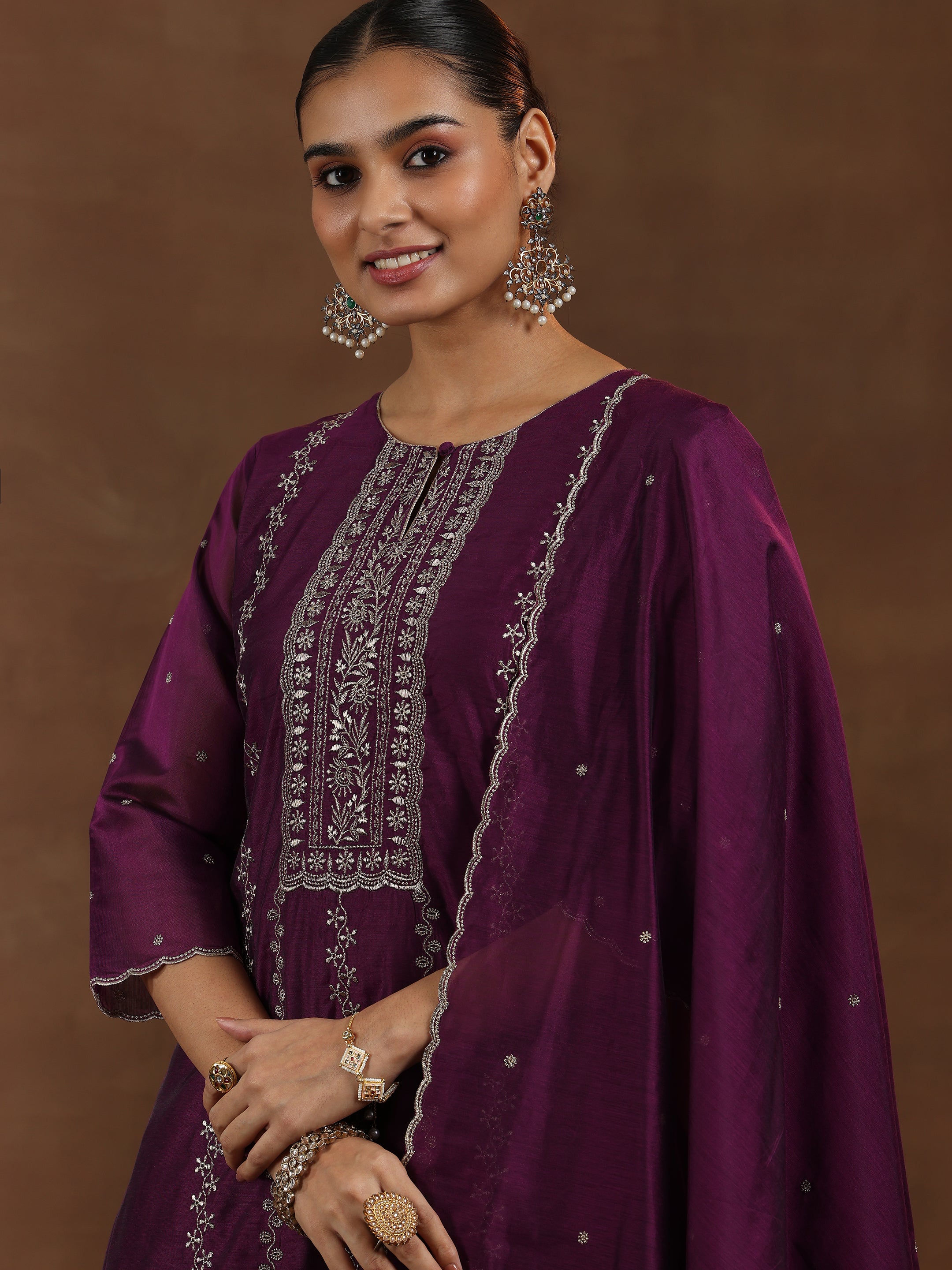 Wine Embroidered Chanderi Silk Straight Suit With Dupatta