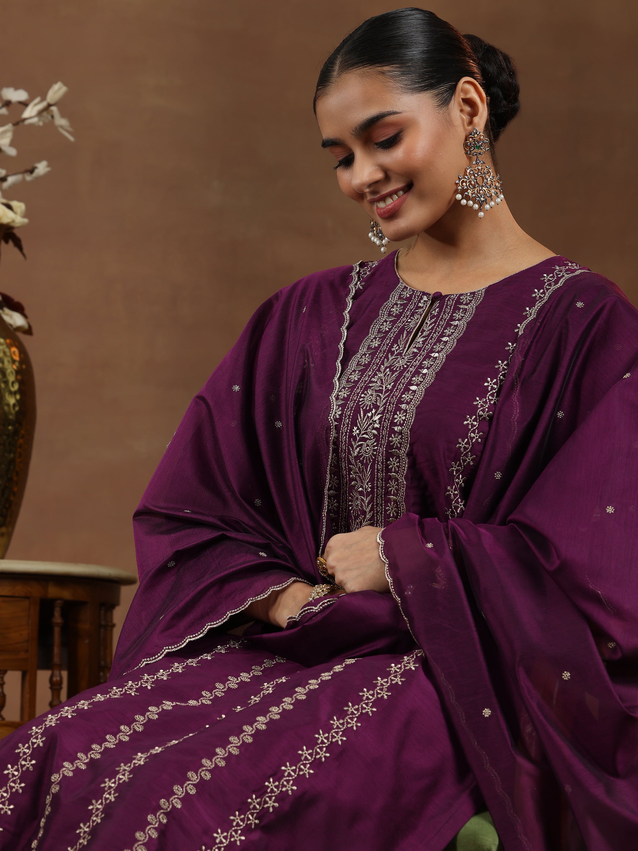 Wine Embroidered Chanderi Silk Straight Suit With Dupatta