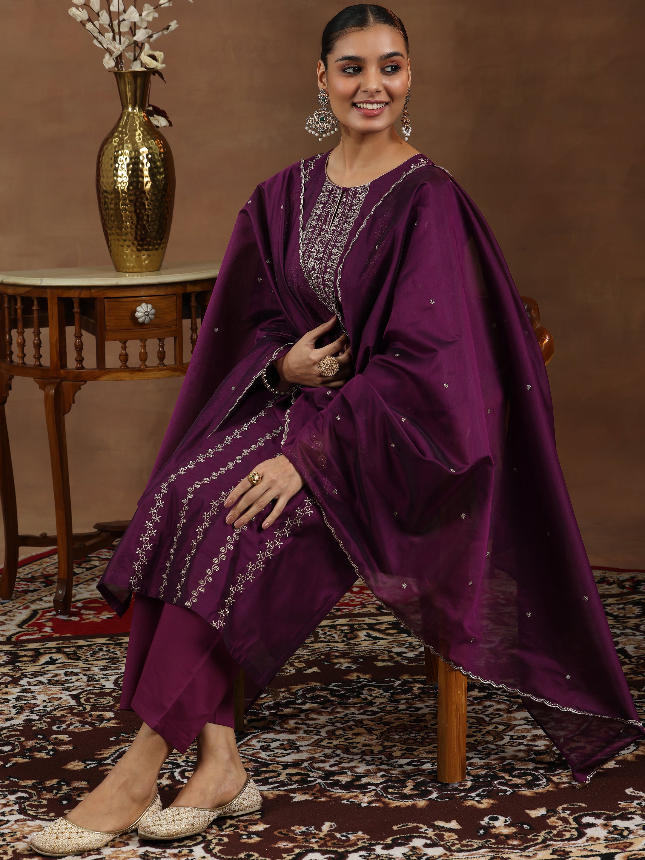 Wine Embroidered Chanderi Silk Straight Suit With Dupatta