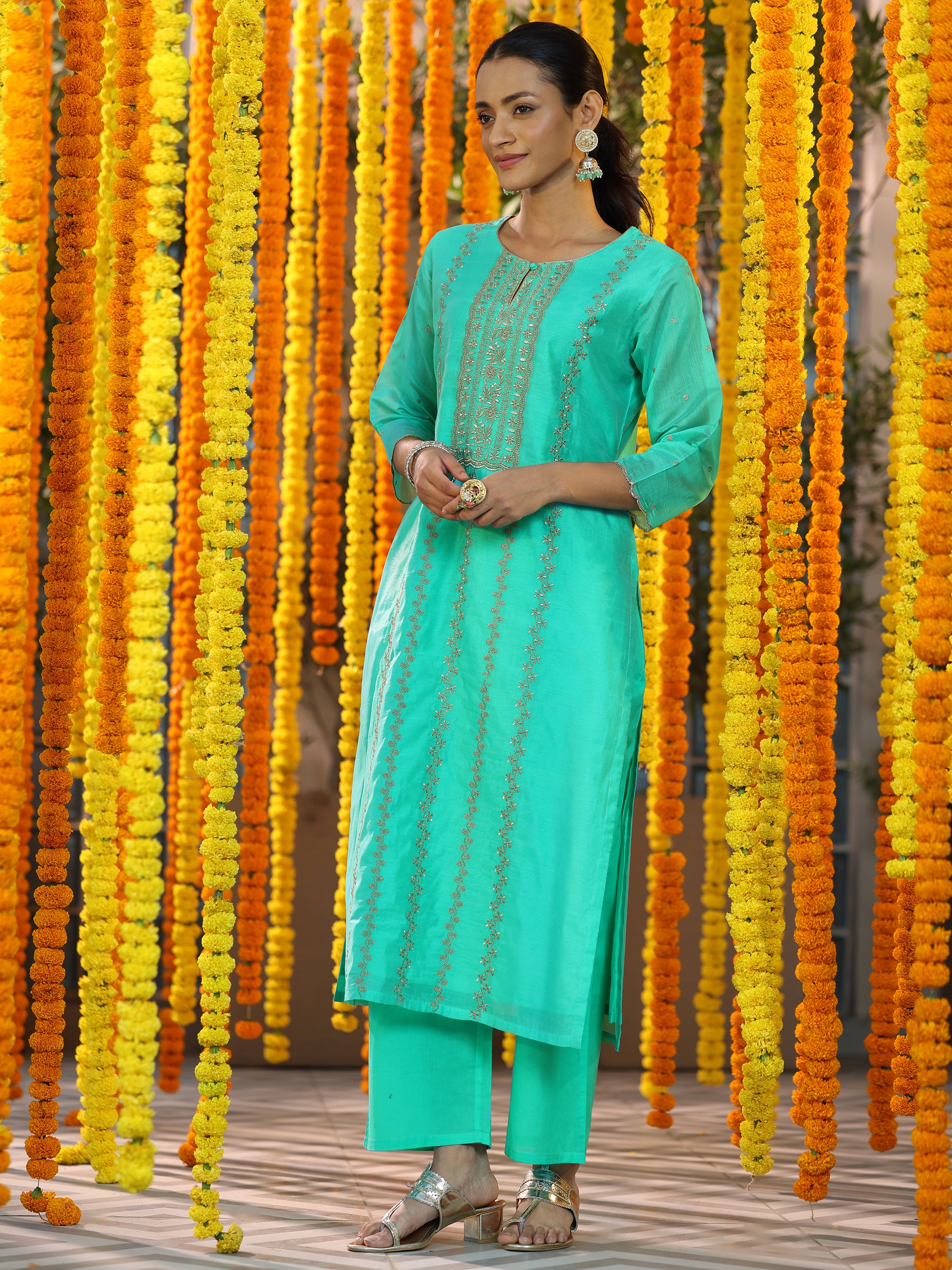 Turquoise Embroidered Chanderi Silk Straight Suit With Dupatta-color issue