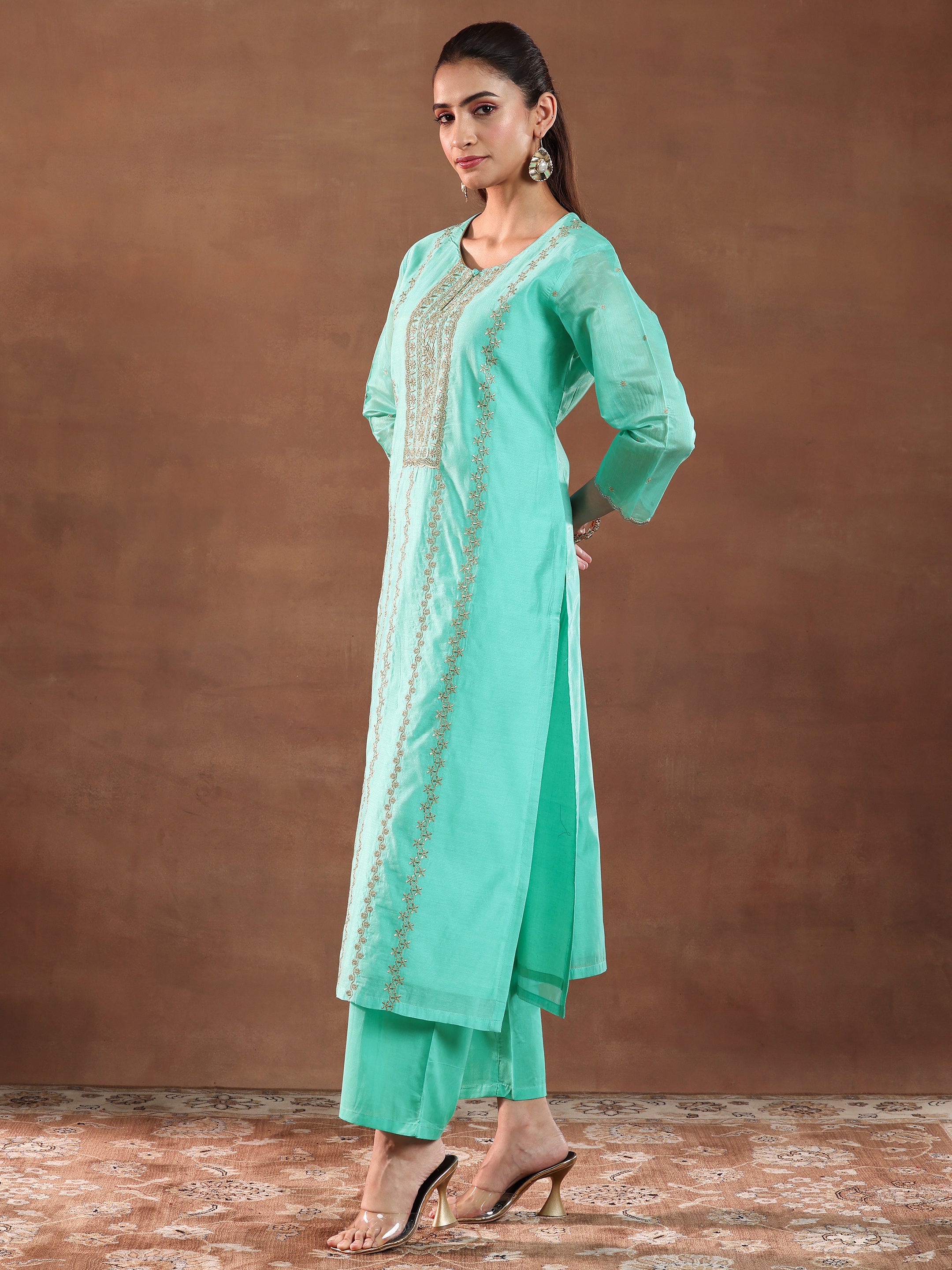 Turquoise Embroidered Chanderi Silk Straight Suit With Dupatta-color issue