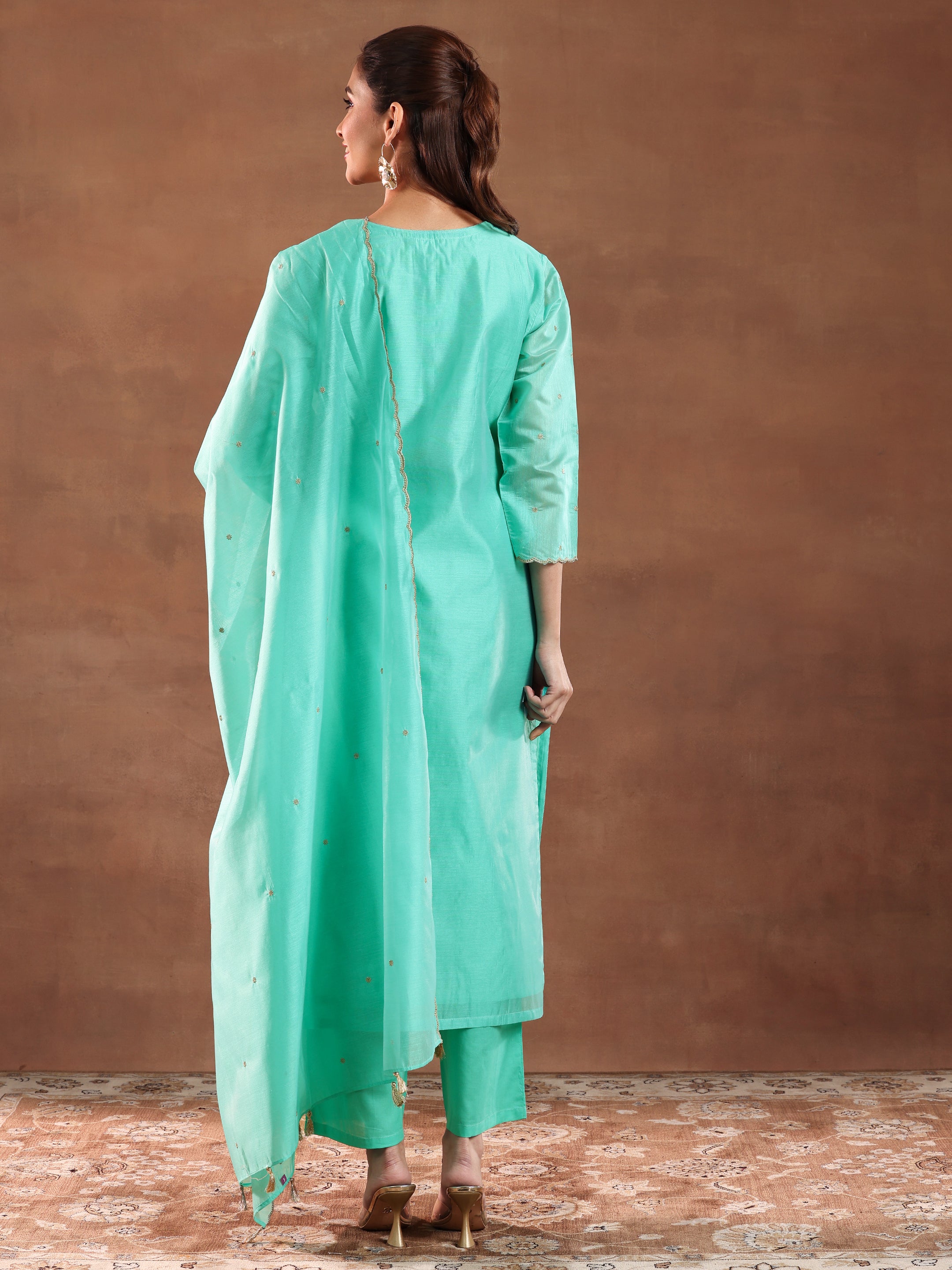 Turquoise Embroidered Chanderi Silk Straight Suit With Dupatta-color issue