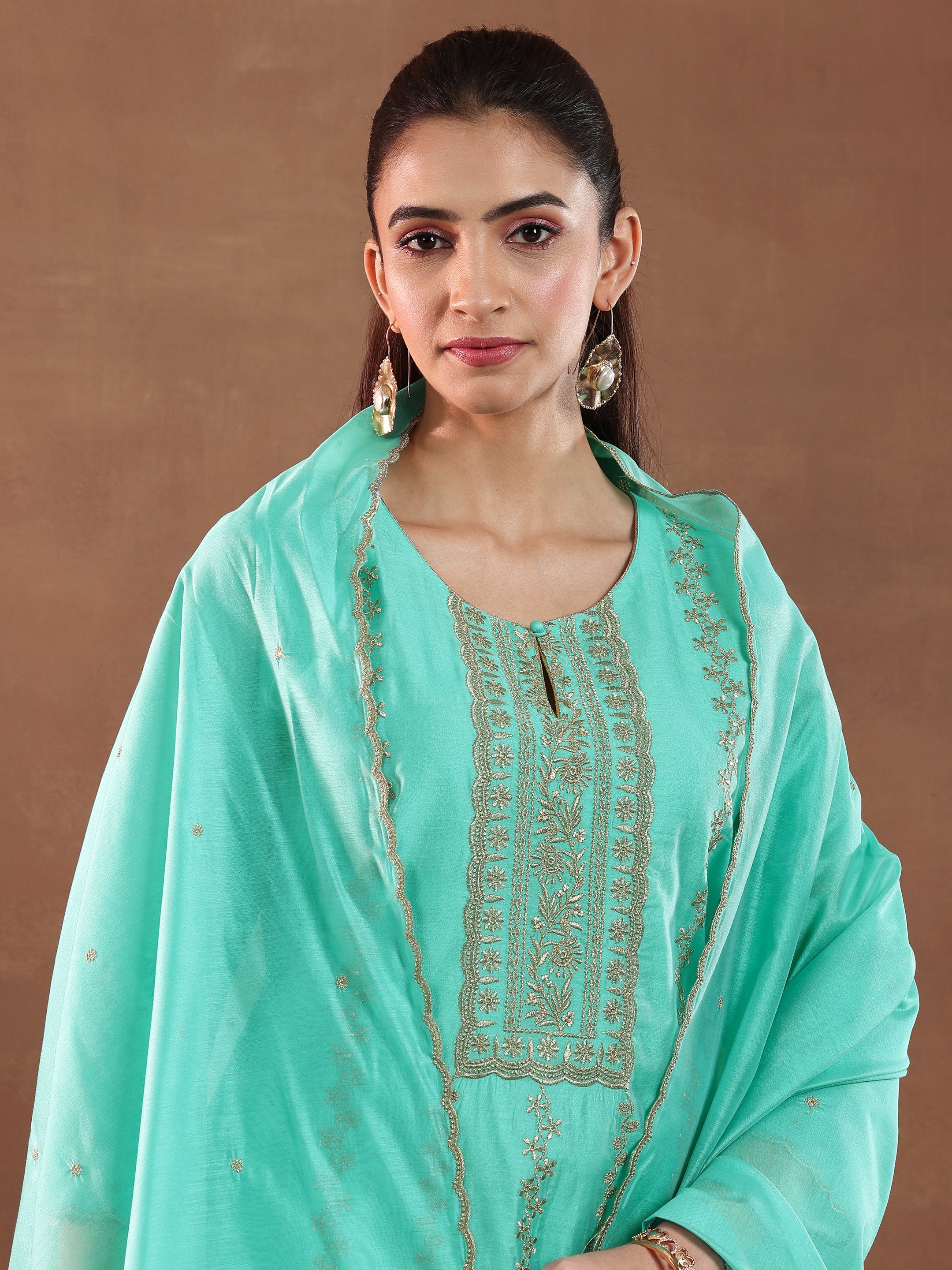 Turquoise Embroidered Chanderi Silk Straight Suit With Dupatta-color issue