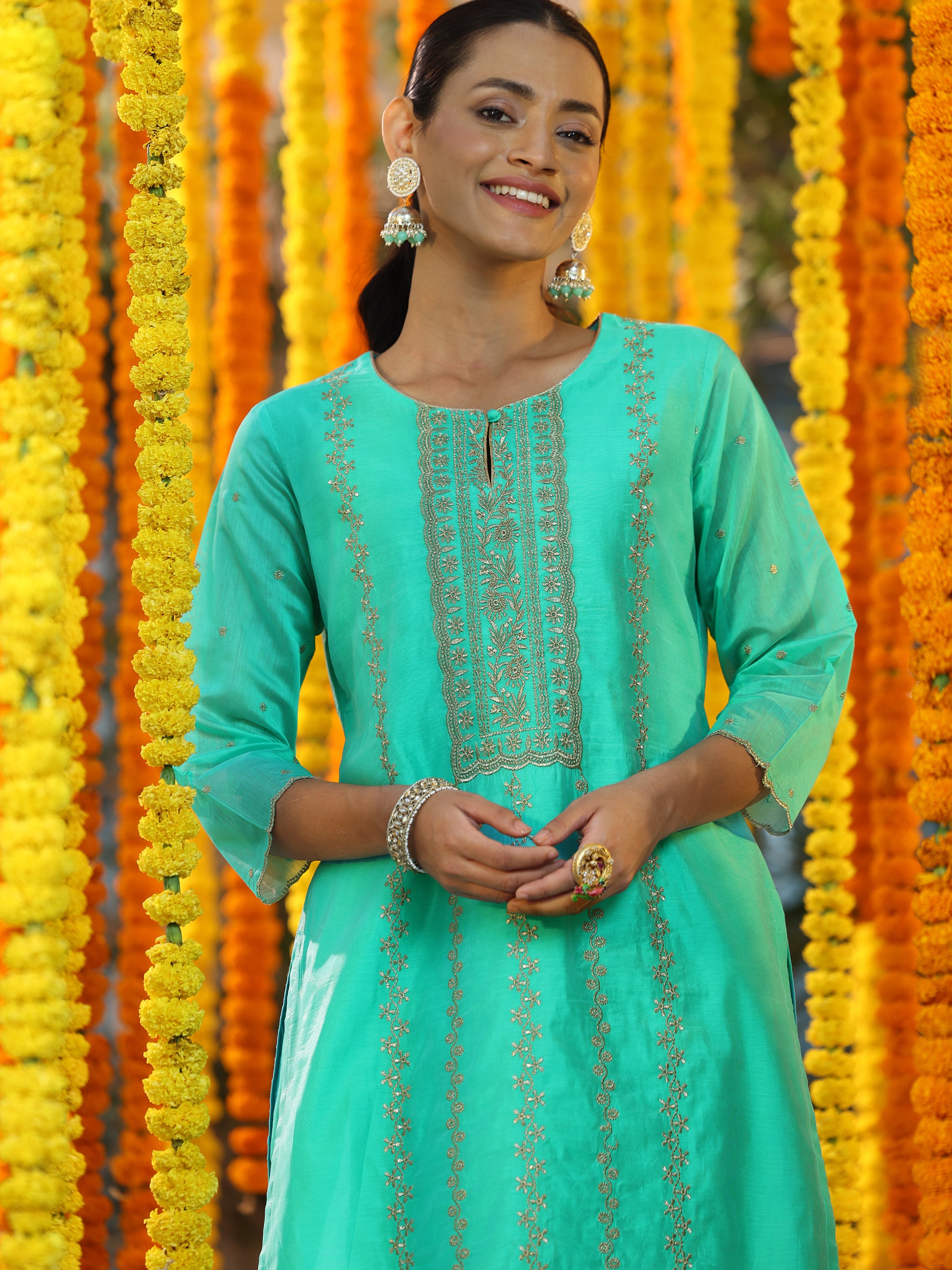 Turquoise Embroidered Chanderi Silk Straight Suit With Dupatta-color issue