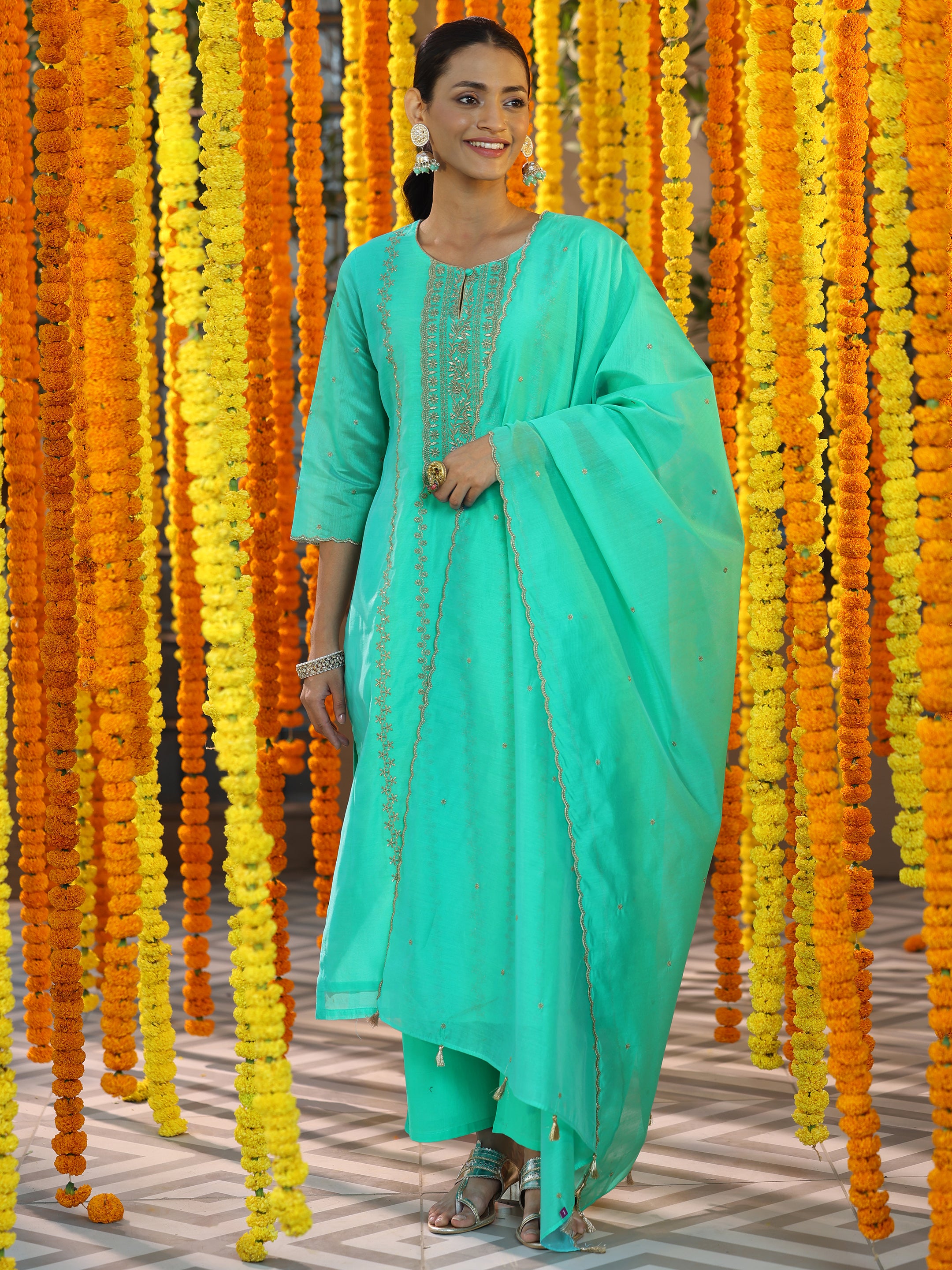 Turquoise Embroidered Chanderi Silk Straight Suit With Dupatta-color issue