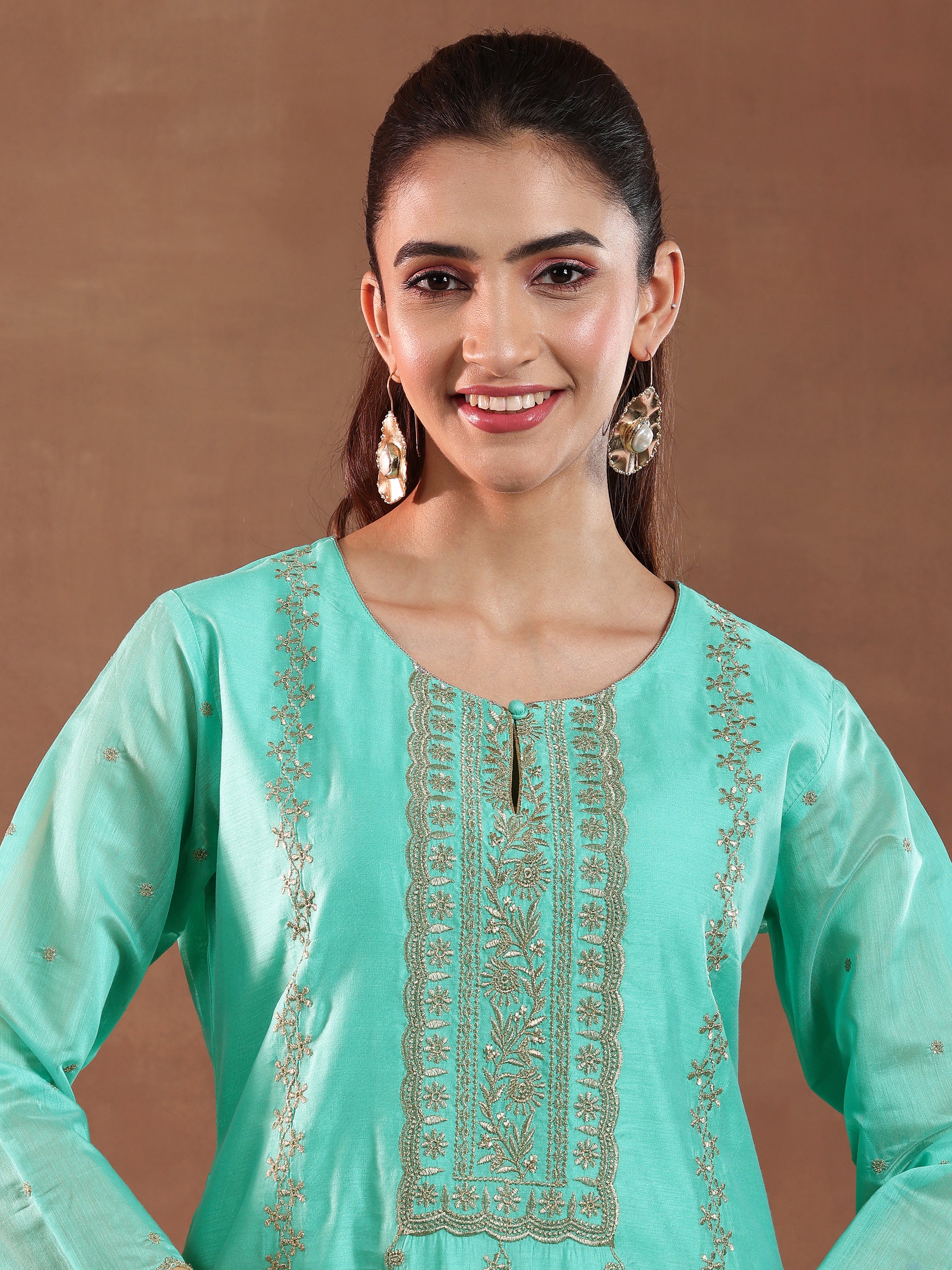 Turquoise Embroidered Chanderi Silk Straight Suit With Dupatta-color issue