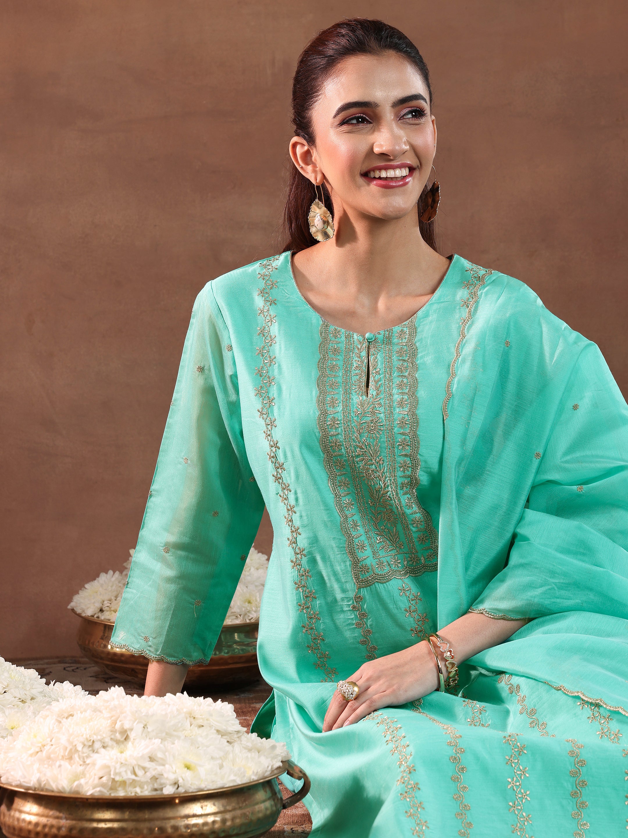 Turquoise Embroidered Chanderi Silk Straight Suit With Dupatta-color issue