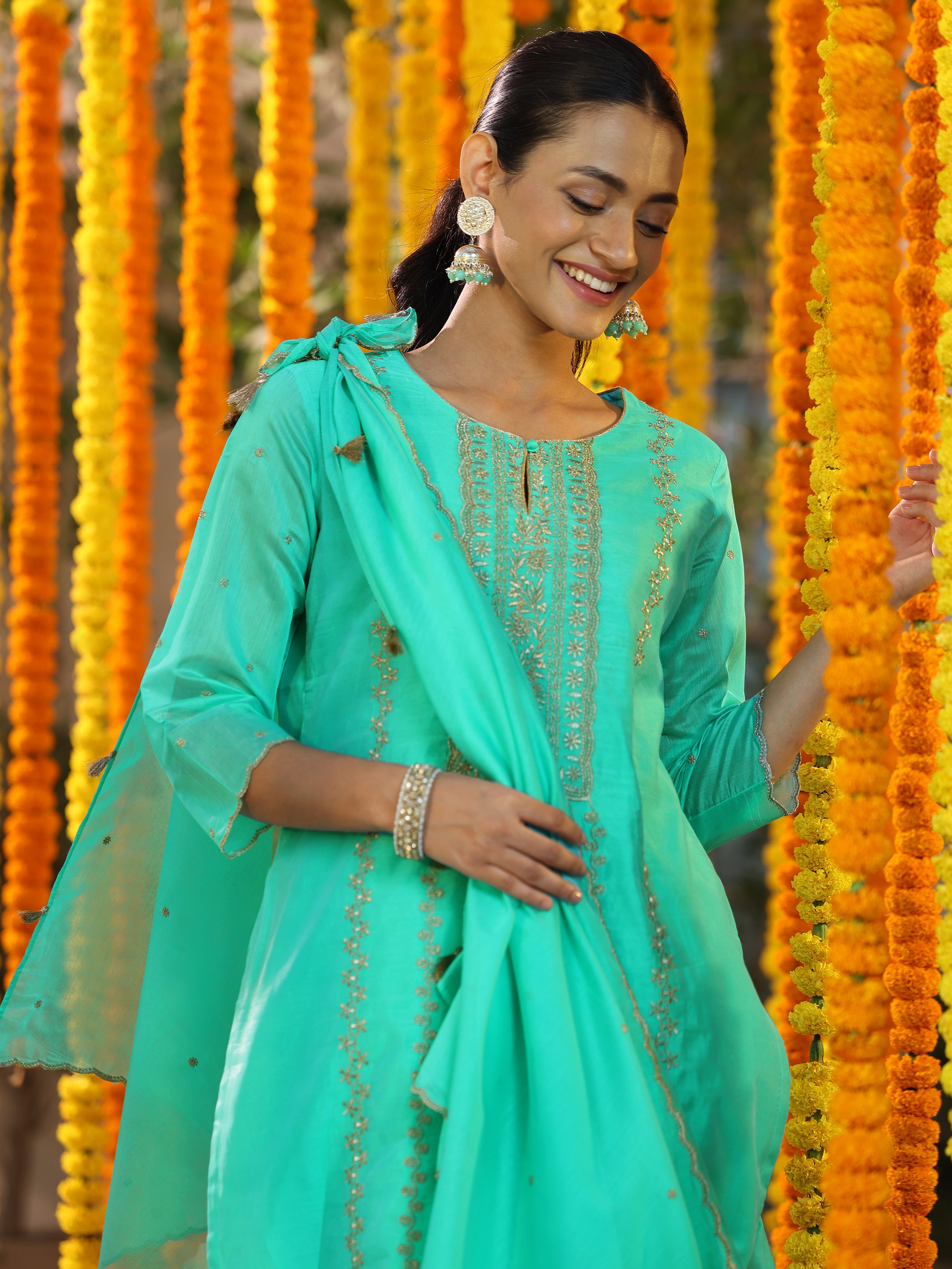 Turquoise Embroidered Chanderi Silk Straight Suit With Dupatta-color issue