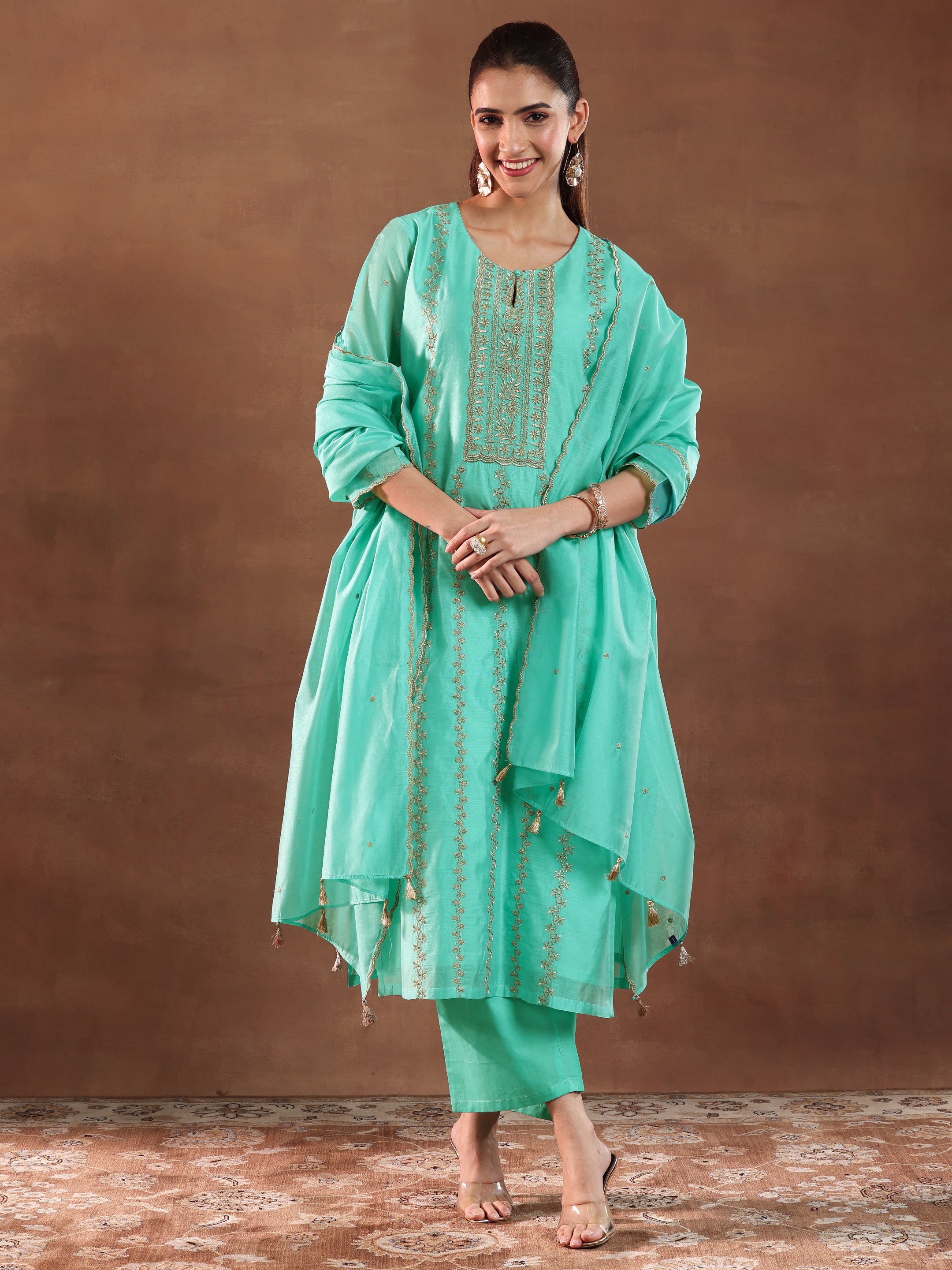 Turquoise Embroidered Chanderi Silk Straight Suit With Dupatta-color issue