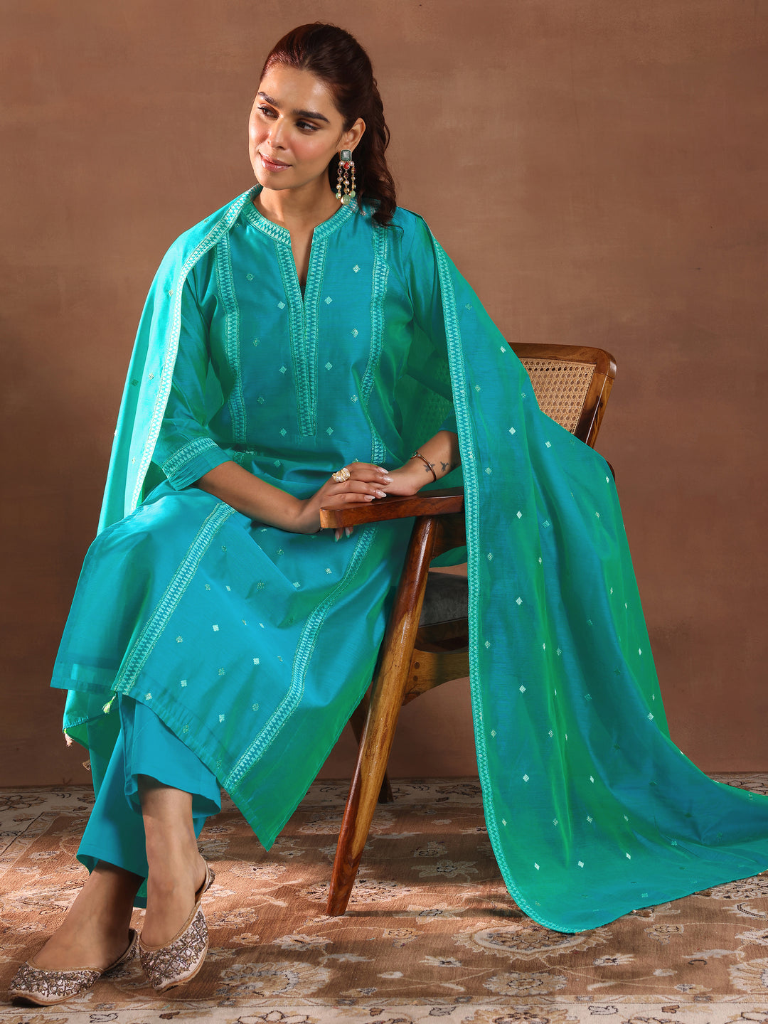 Turquoise Blue Woven Design Chanderi Silk Straight Suit With Dupatta