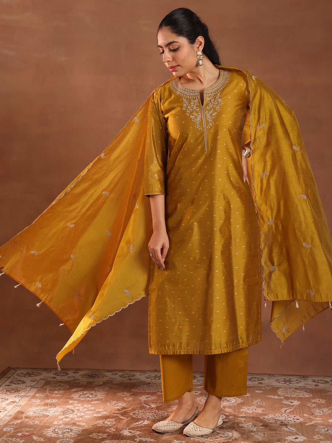 Mustard Woven Design Chanderi Silk Straight Suit With Dupatta