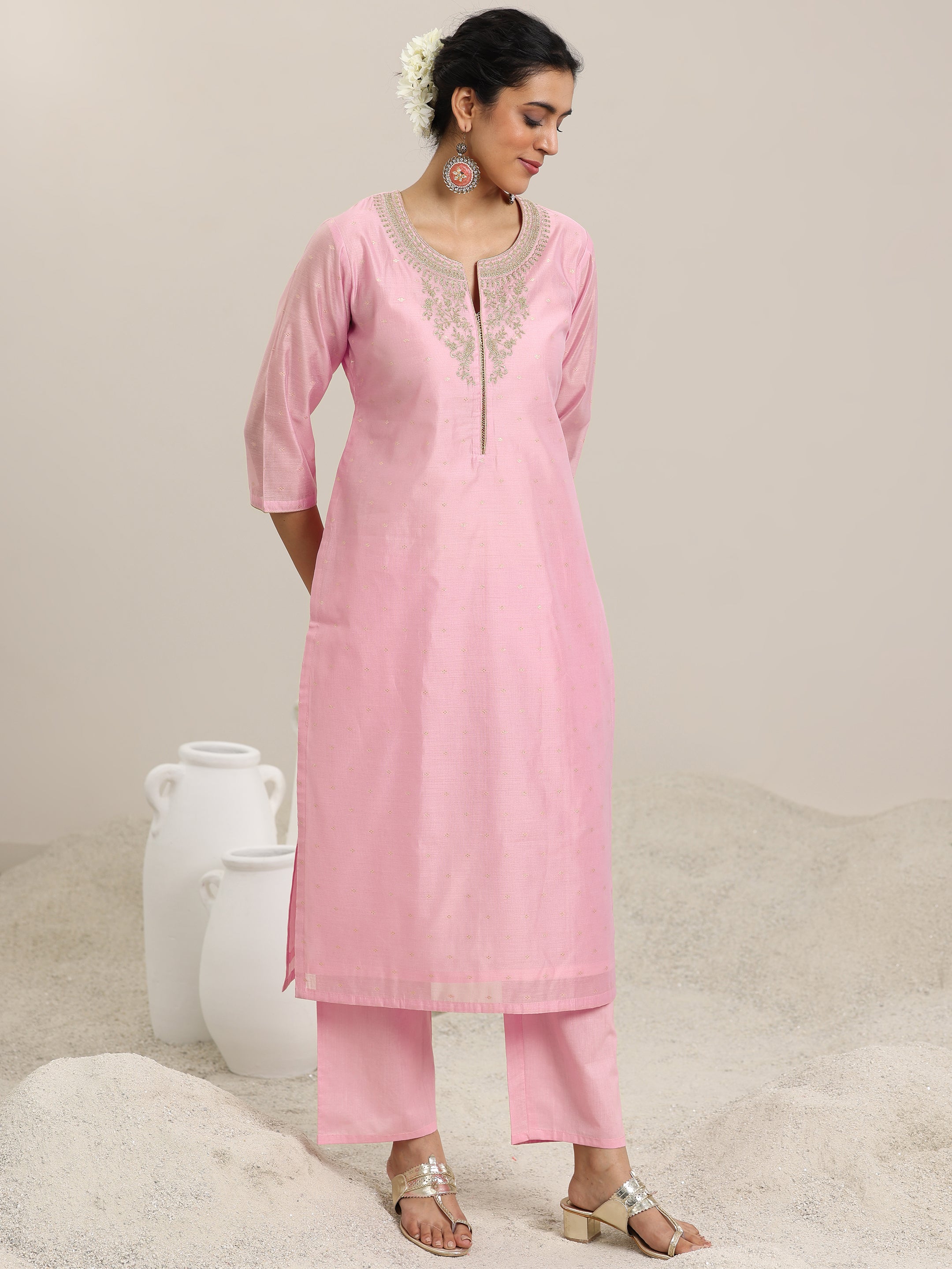 Pink Woven Design Chanderi Silk Straight Suit With Dupatta