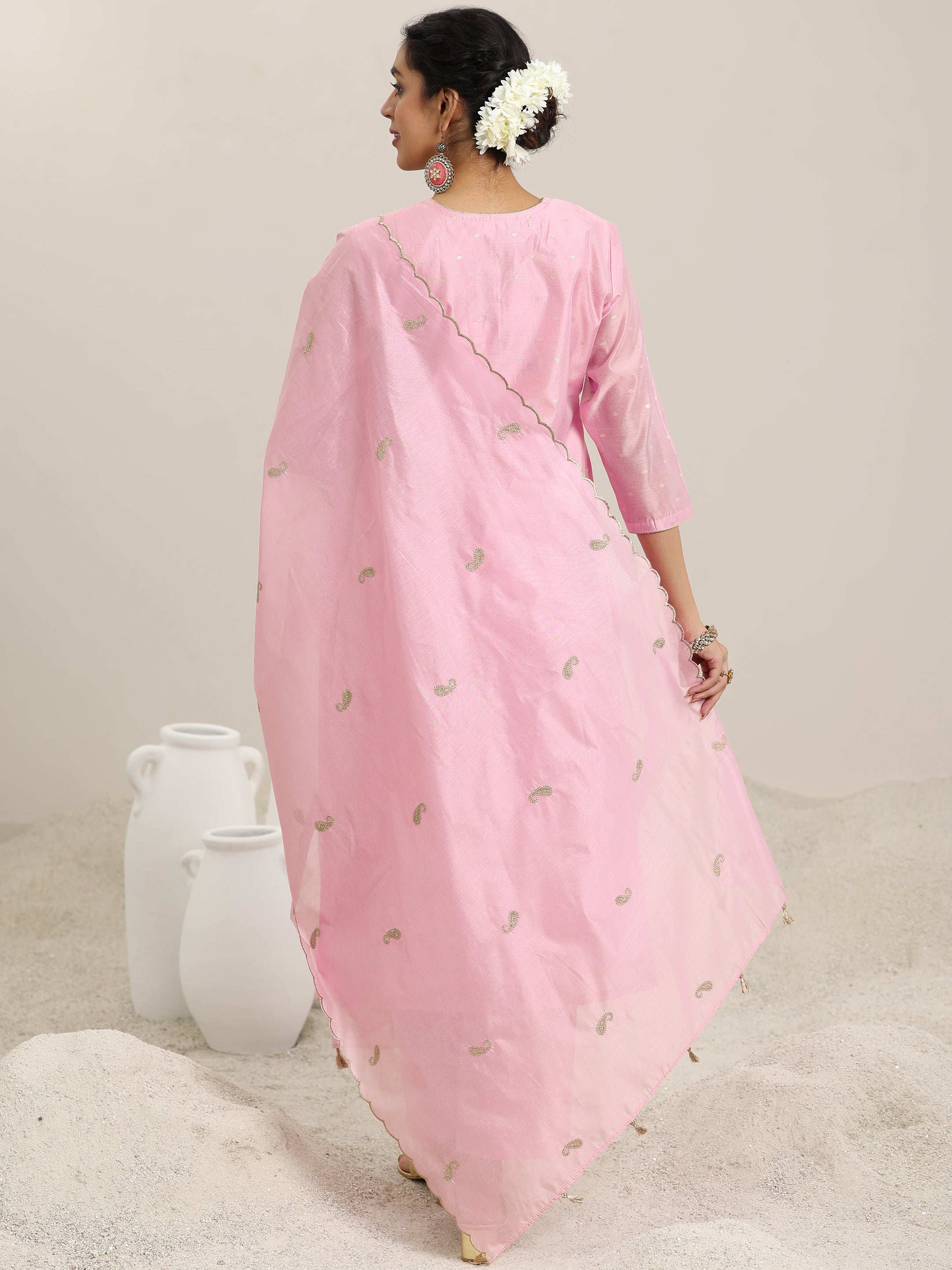 Pink Woven Design Chanderi Silk Straight Suit With Dupatta