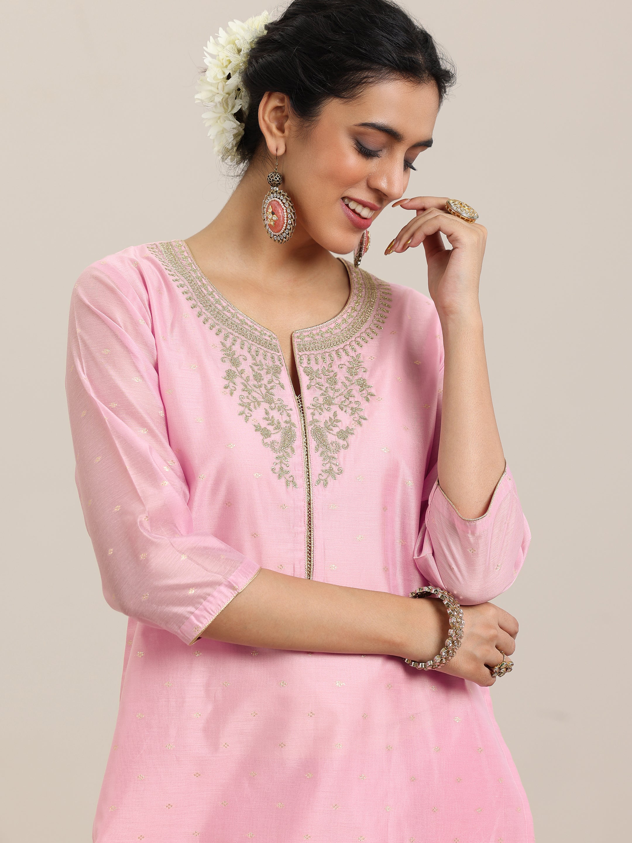 Pink Woven Design Chanderi Silk Straight Suit With Dupatta