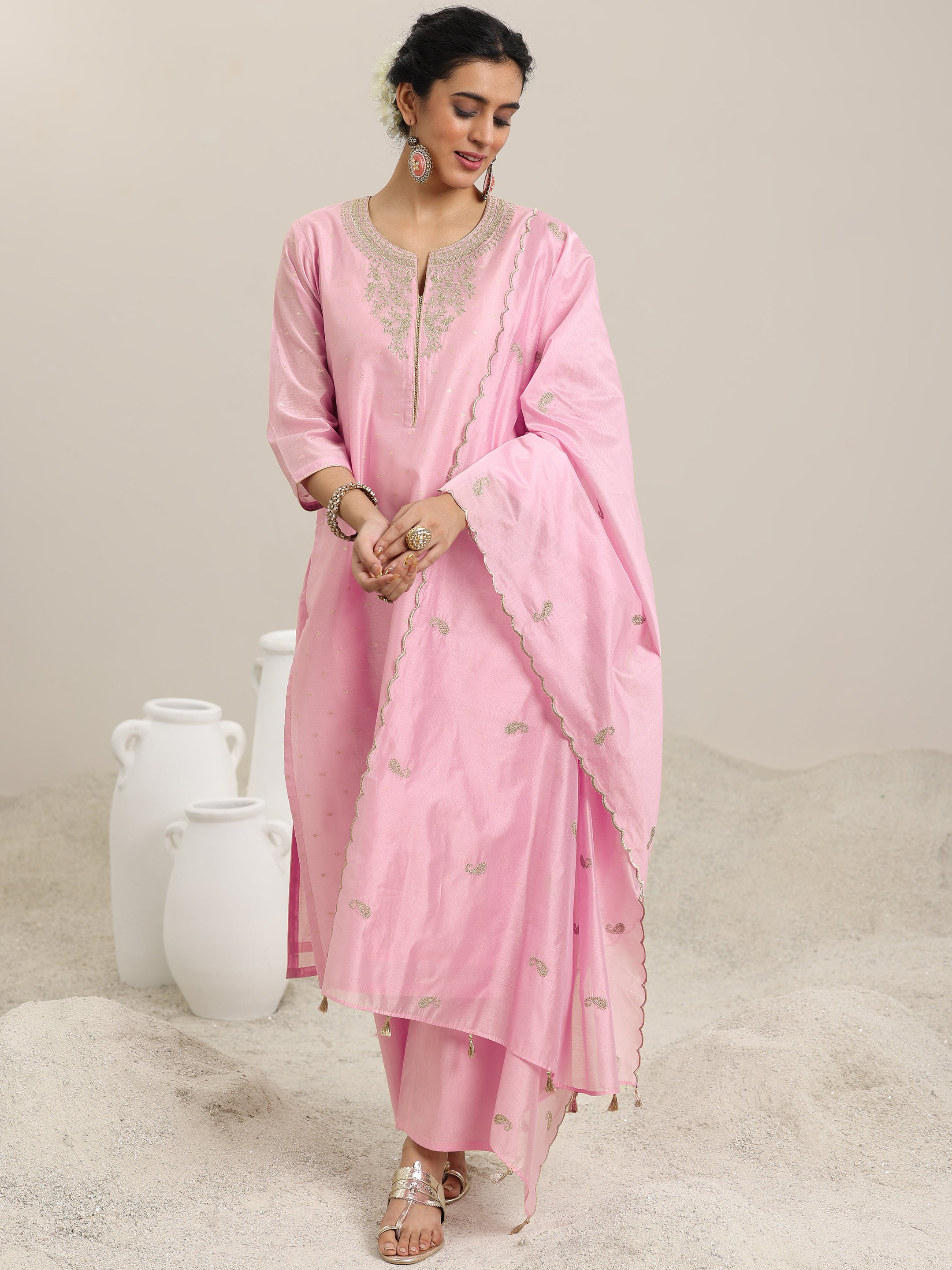 Pink Woven Design Chanderi Silk Straight Suit With Dupatta