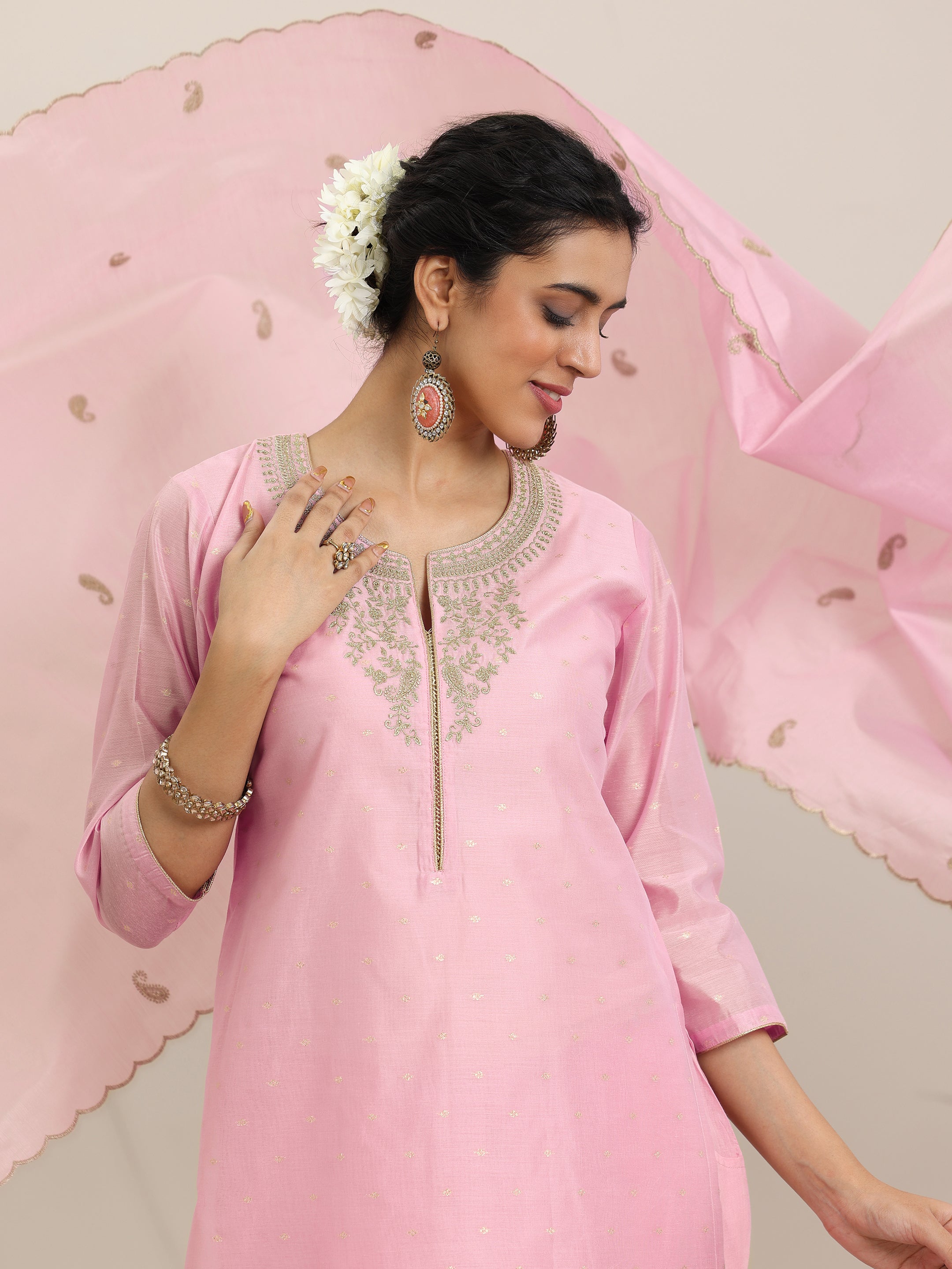 Pink Woven Design Chanderi Silk Straight Suit With Dupatta