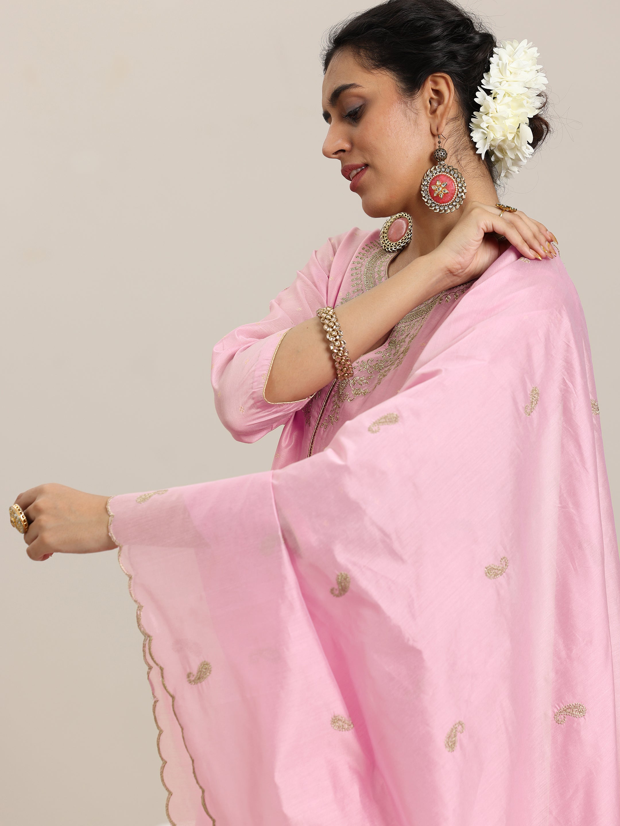 Pink Woven Design Chanderi Silk Straight Suit With Dupatta