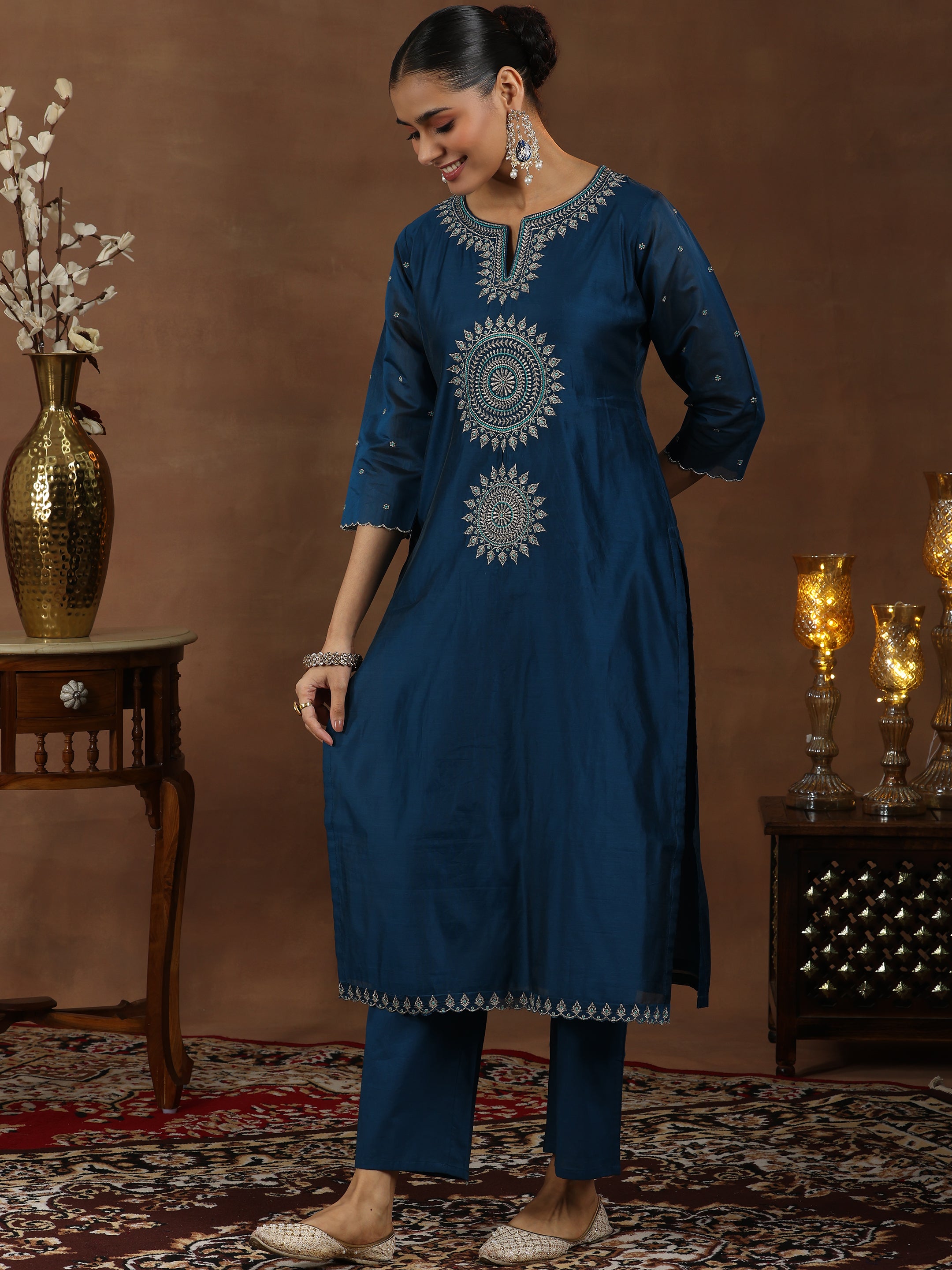 Teal Embroidered Chanderi Silk Straight Suit With Dupatta