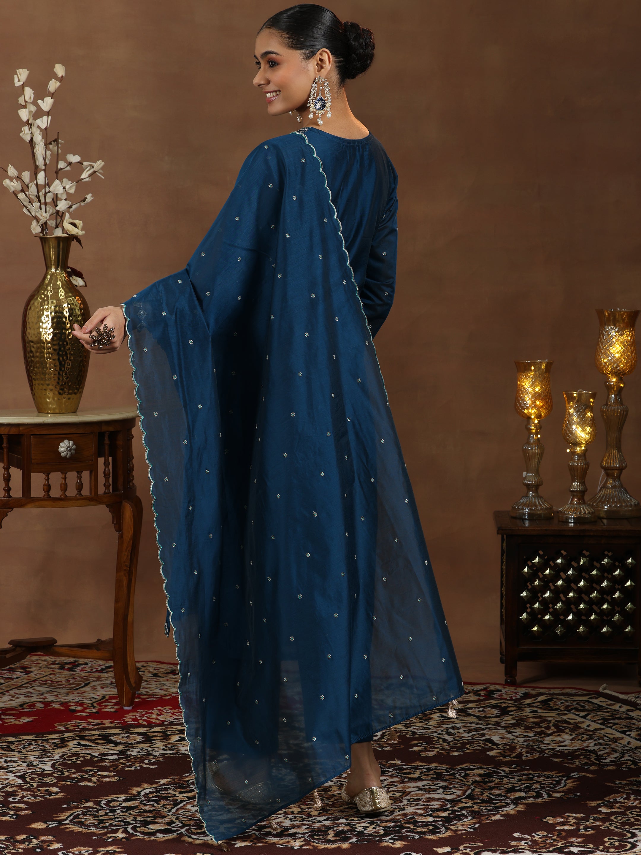 Teal Embroidered Chanderi Silk Straight Suit With Dupatta