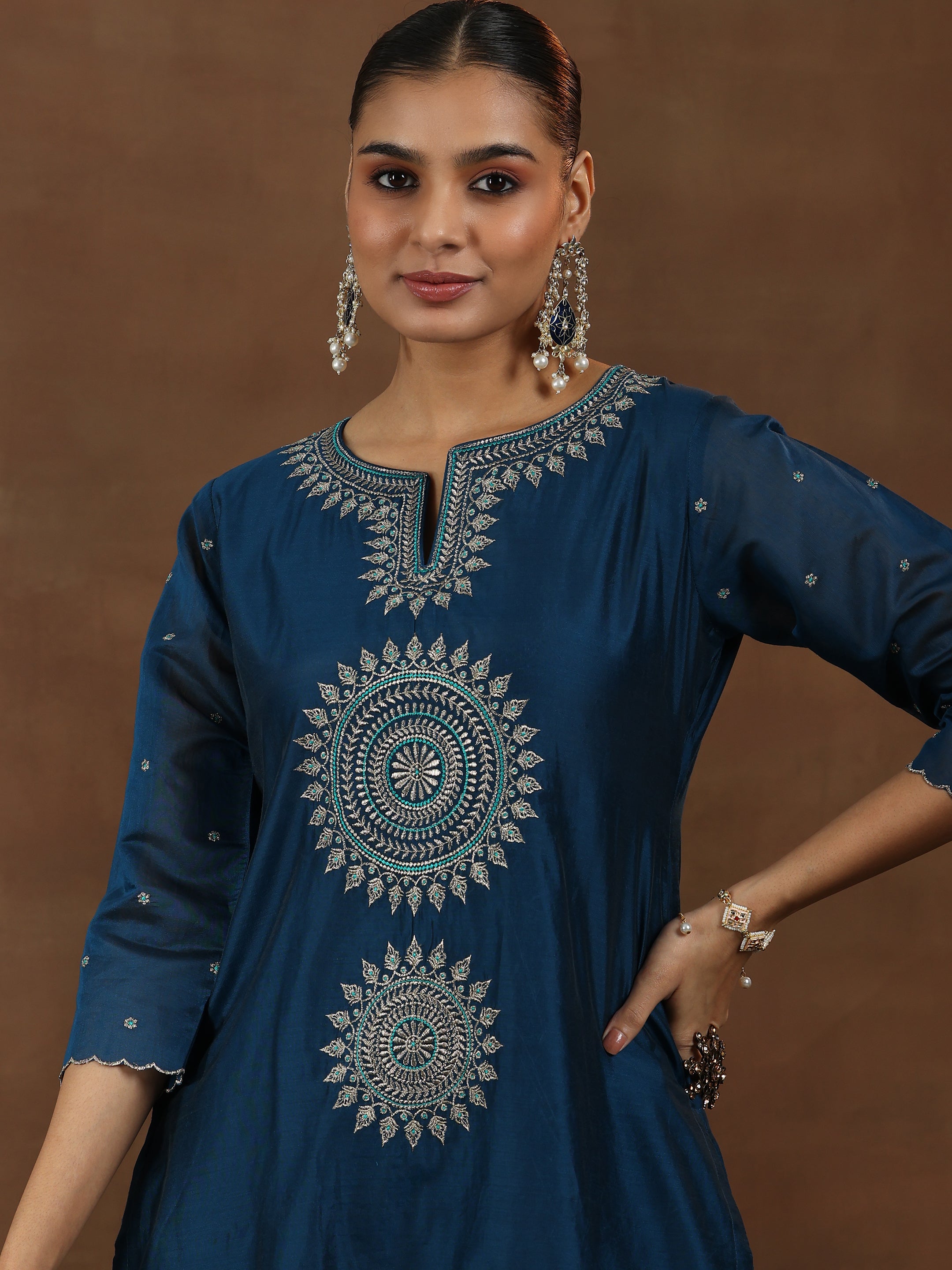 Teal Embroidered Chanderi Silk Straight Suit With Dupatta