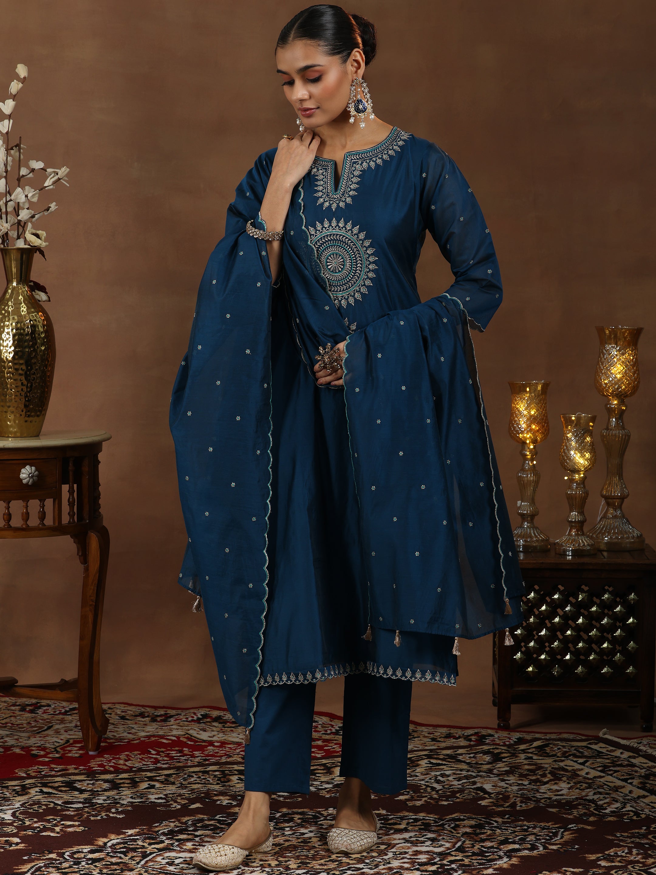 Teal Embroidered Chanderi Silk Straight Suit With Dupatta