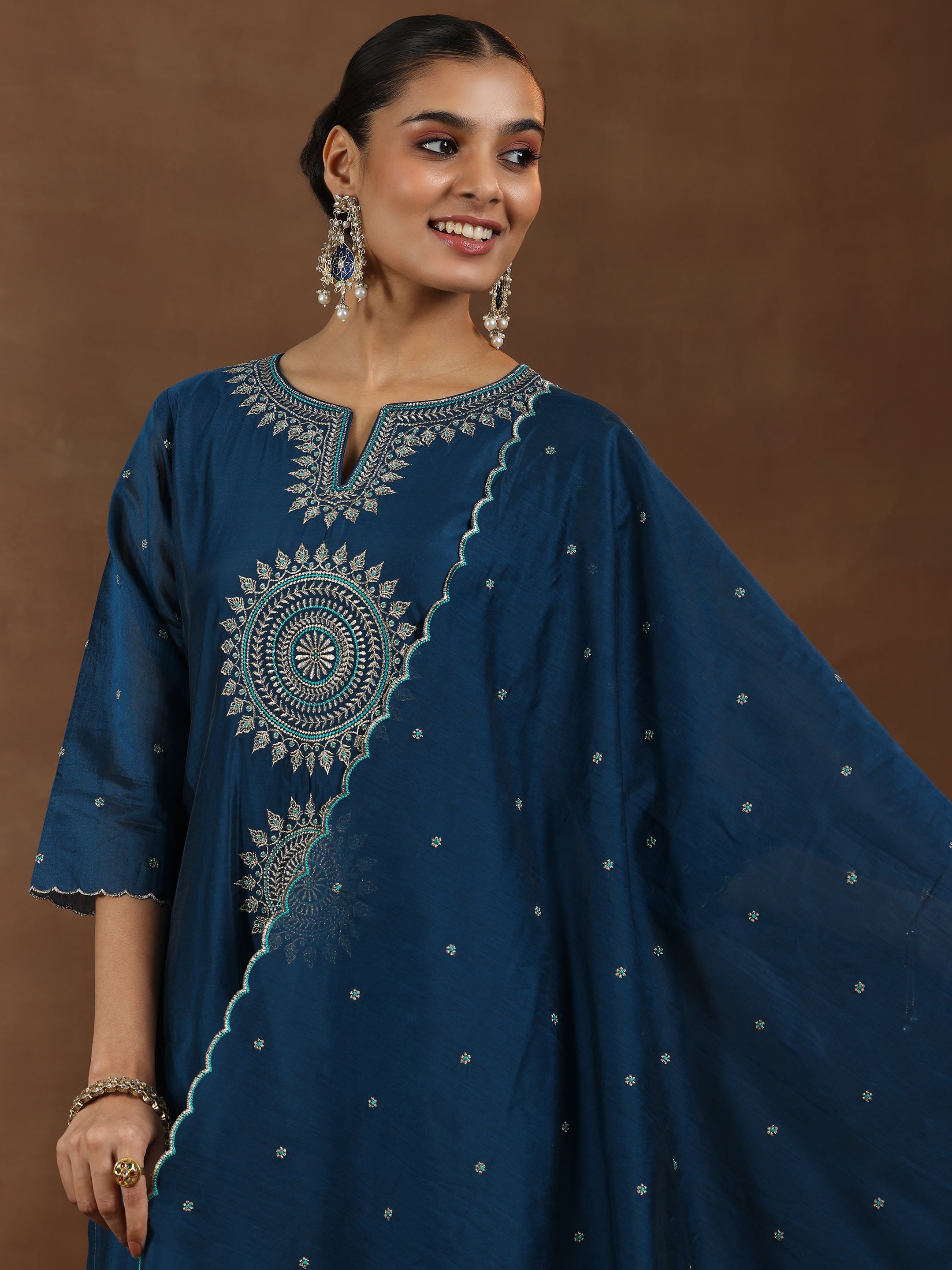 Teal Embroidered Chanderi Silk Straight Suit With Dupatta