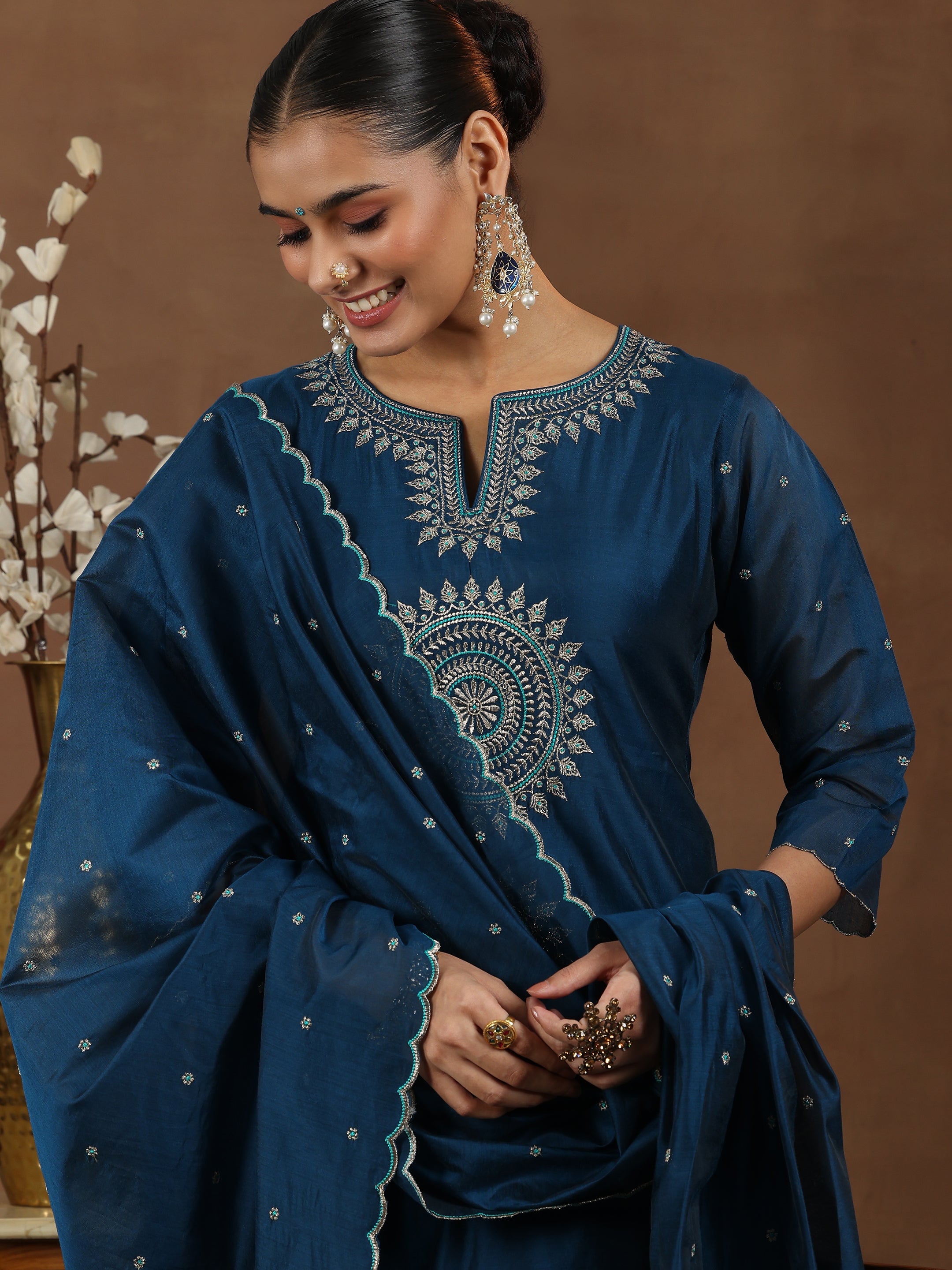 Teal Embroidered Chanderi Silk Straight Suit With Dupatta