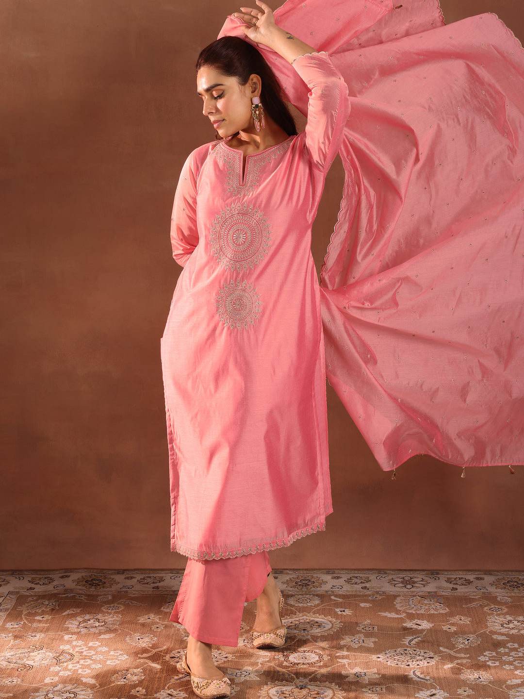 Peach Embroidered Chanderi Silk Straight Suit With Dupatta