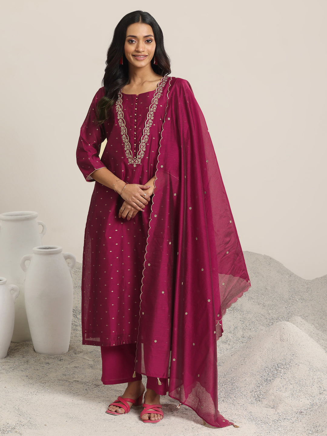 Maroon Woven Design Chanderi Silk Straight Suit With Dupatta