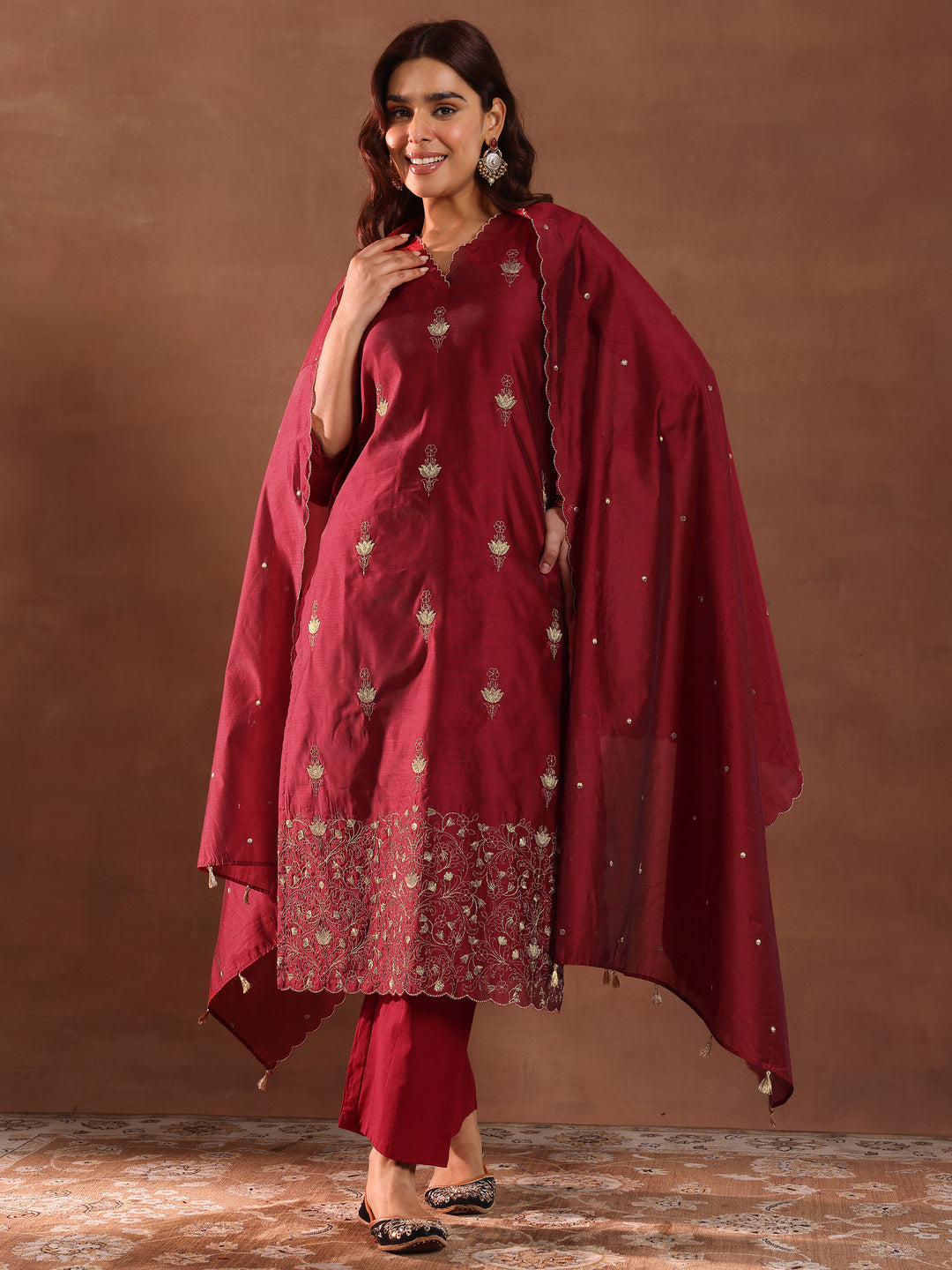 Maroon Embroidered Chanderi Silk Straight Suit With Dupatta