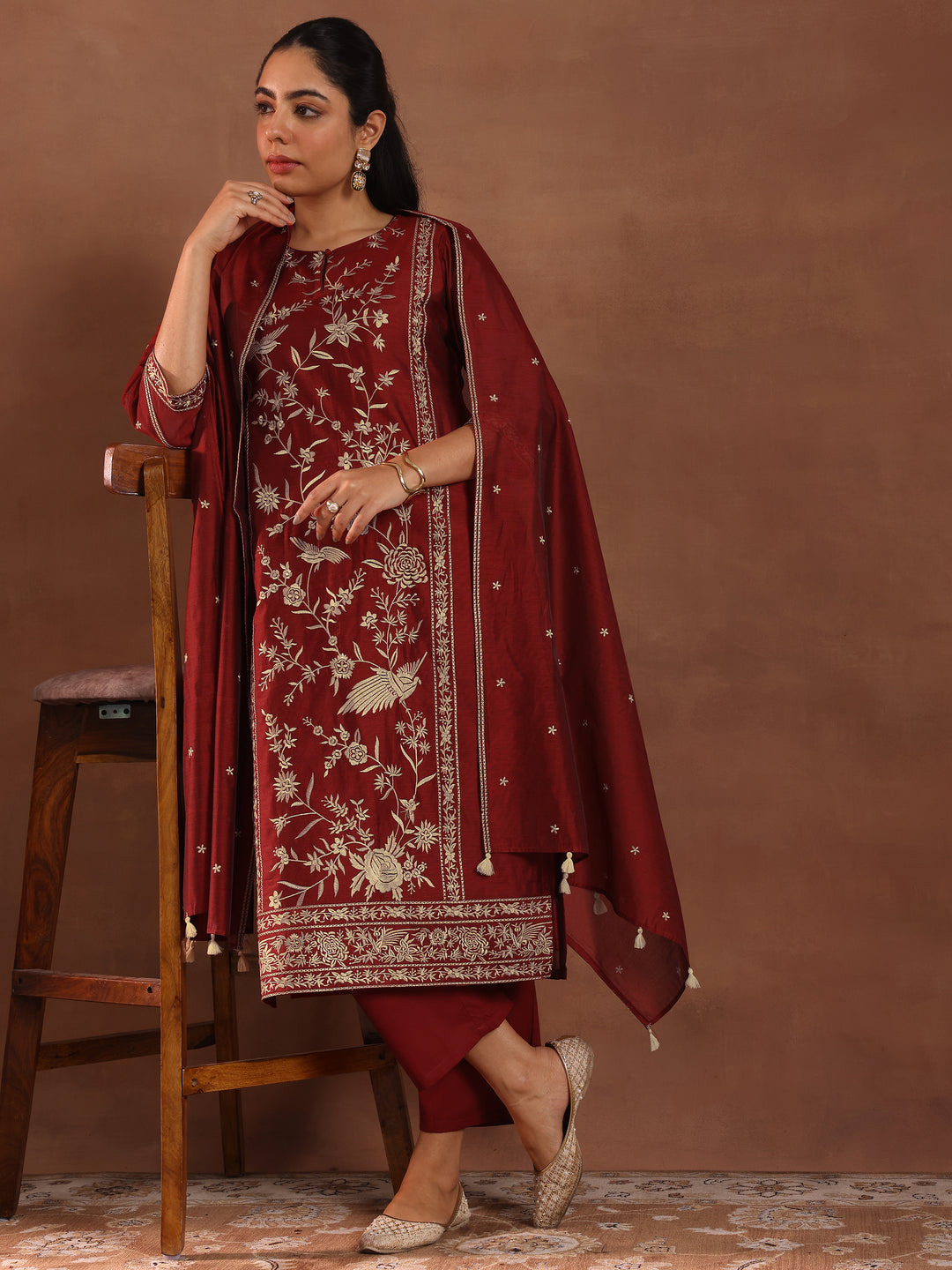 Maroon Embroidered Chanderi Silk Straight Suit With Dupatta