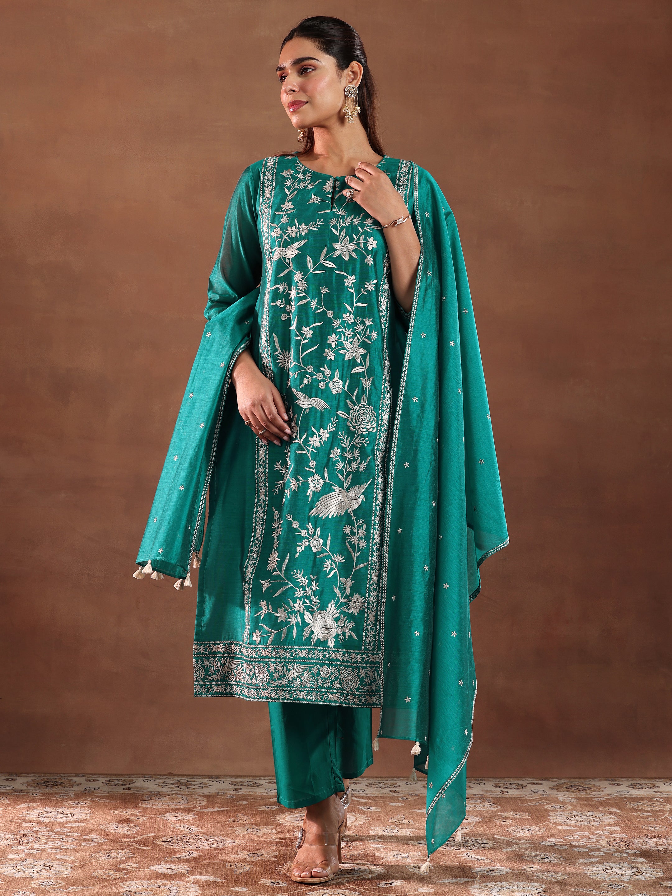 Teal Embroidered Chanderi Silk Straight Suit With Dupatta