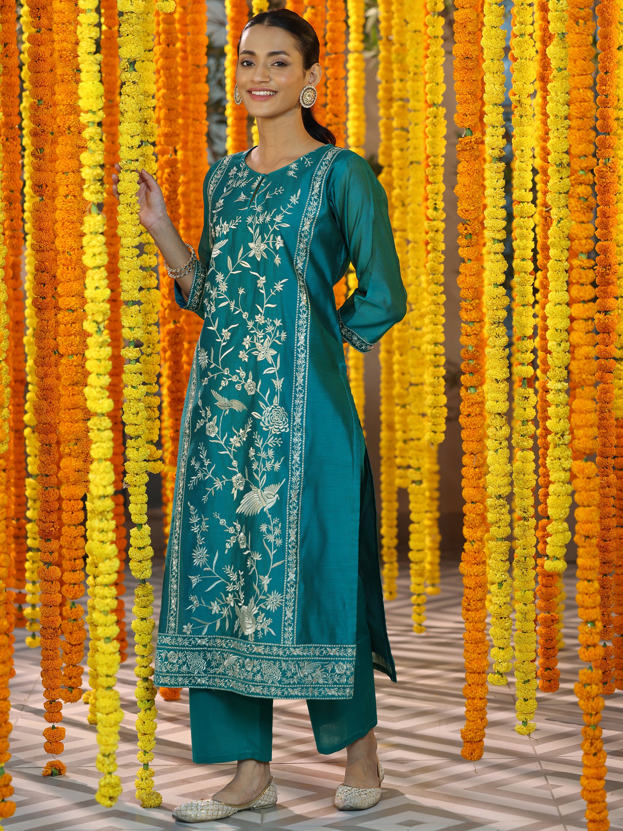 Teal Embroidered Chanderi Silk Straight Suit With Dupatta