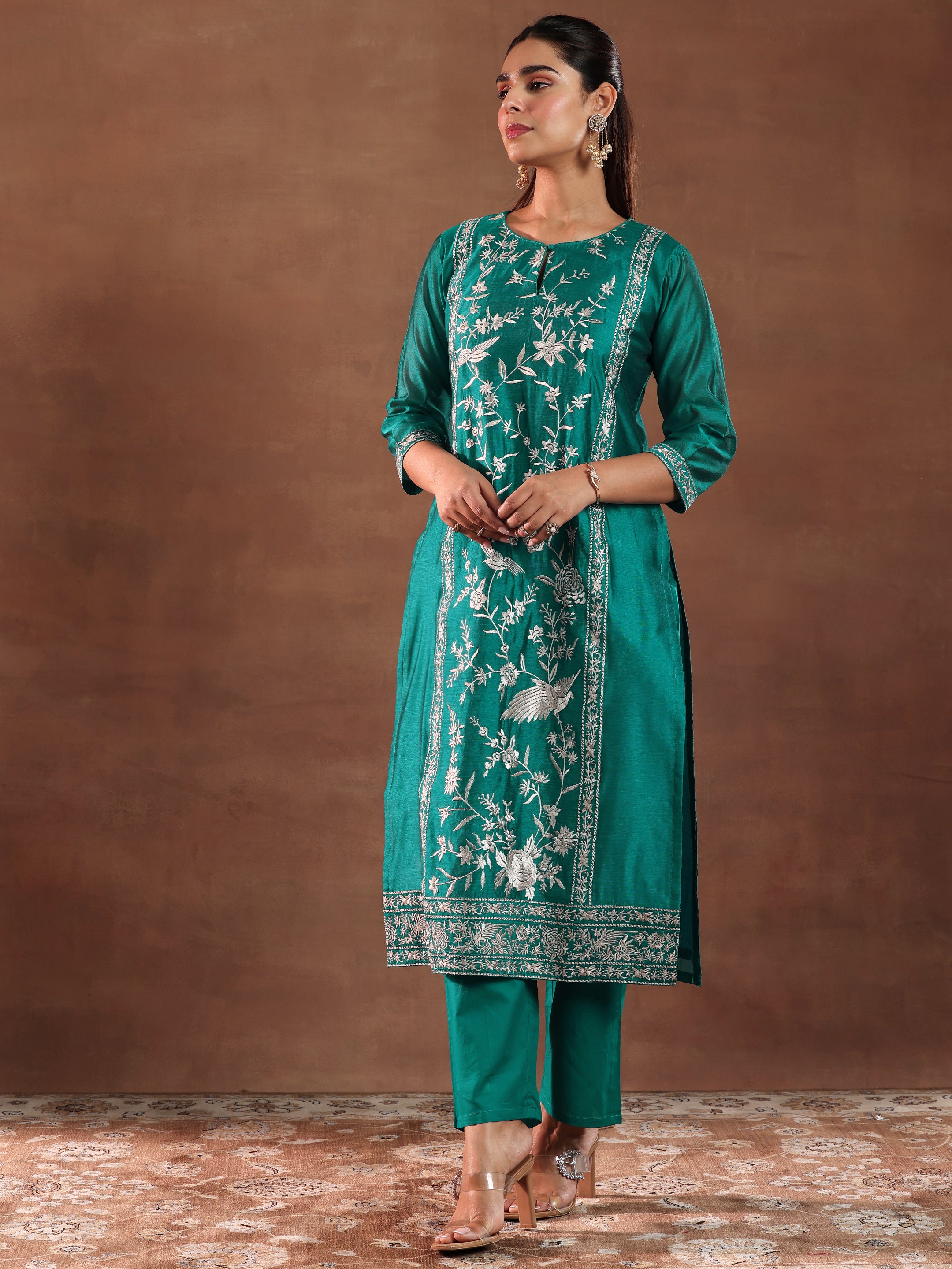 Teal Embroidered Chanderi Silk Straight Suit With Dupatta