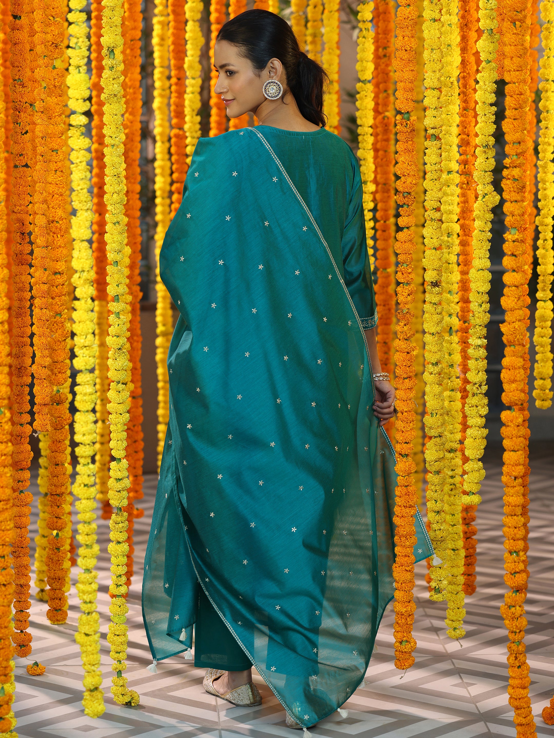 Teal Embroidered Chanderi Silk Straight Suit With Dupatta