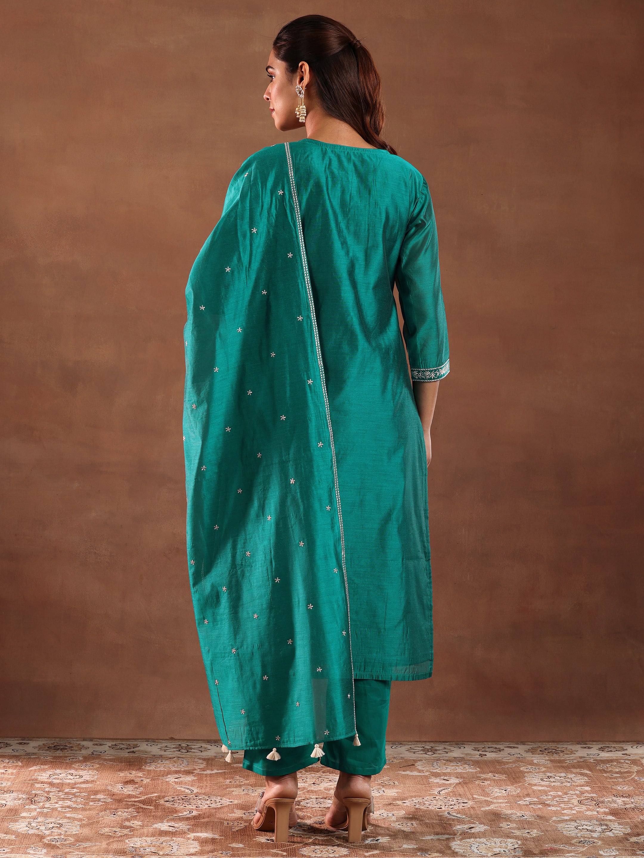 Teal Embroidered Chanderi Silk Straight Suit With Dupatta