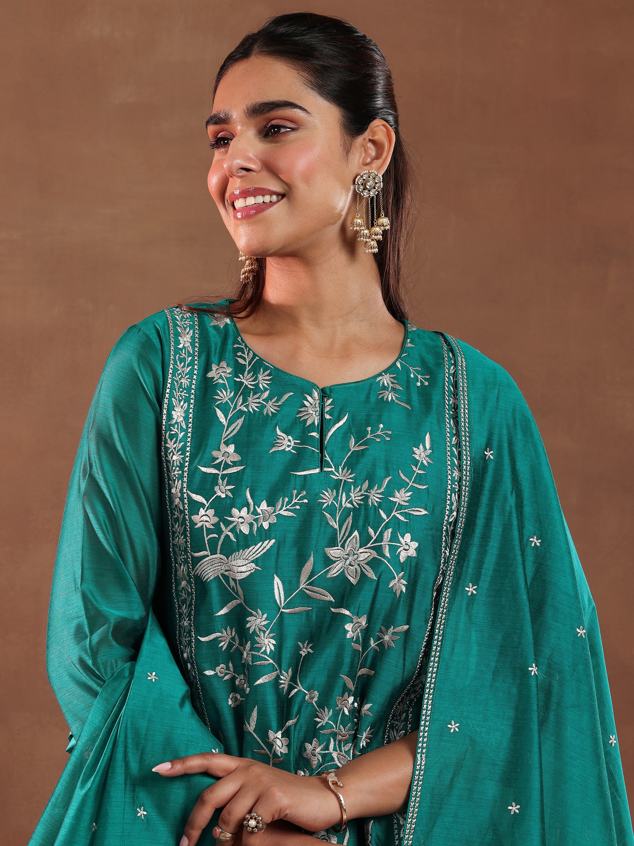 Teal Embroidered Chanderi Silk Straight Suit With Dupatta