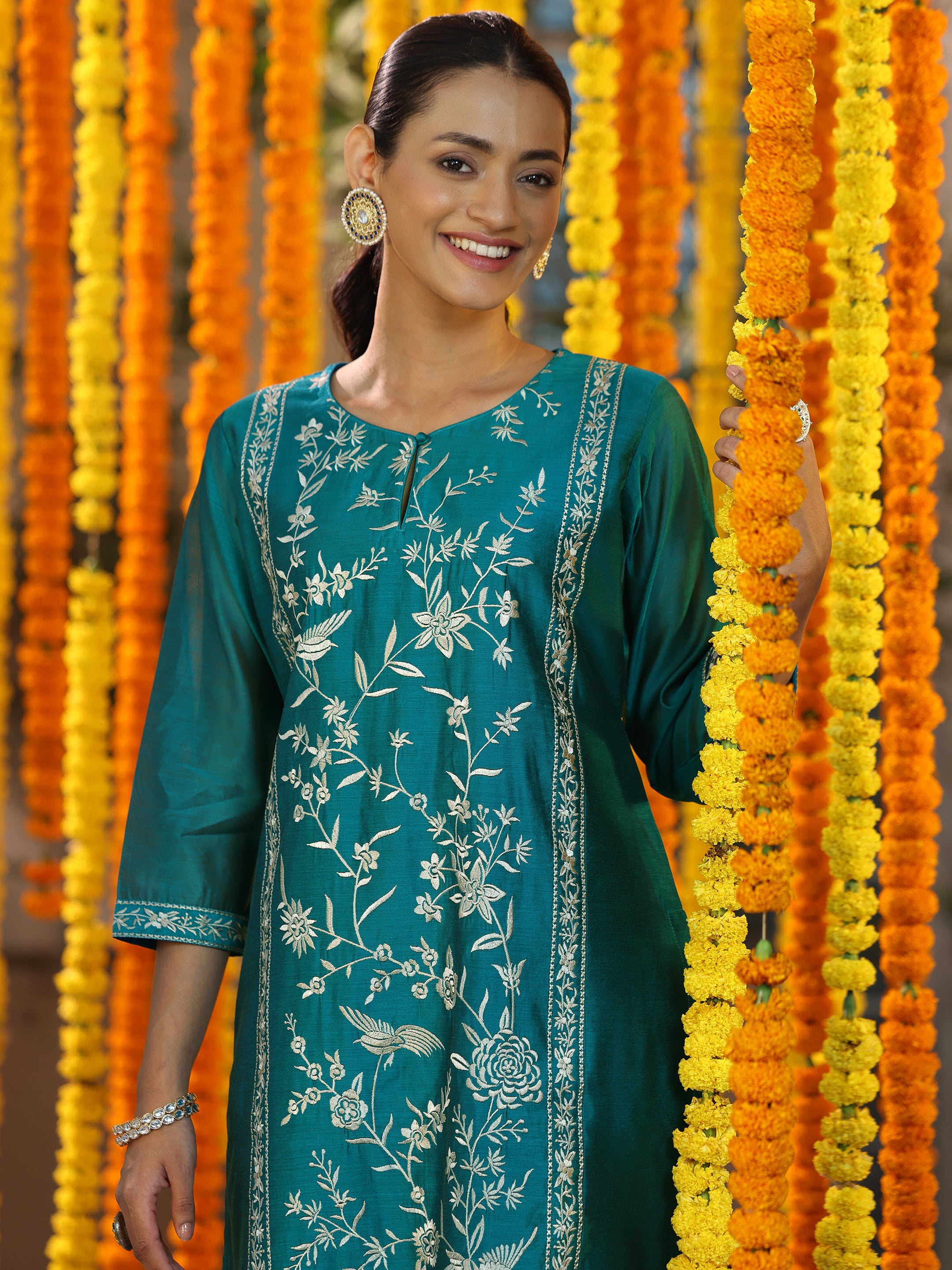 Teal Embroidered Chanderi Silk Straight Suit With Dupatta