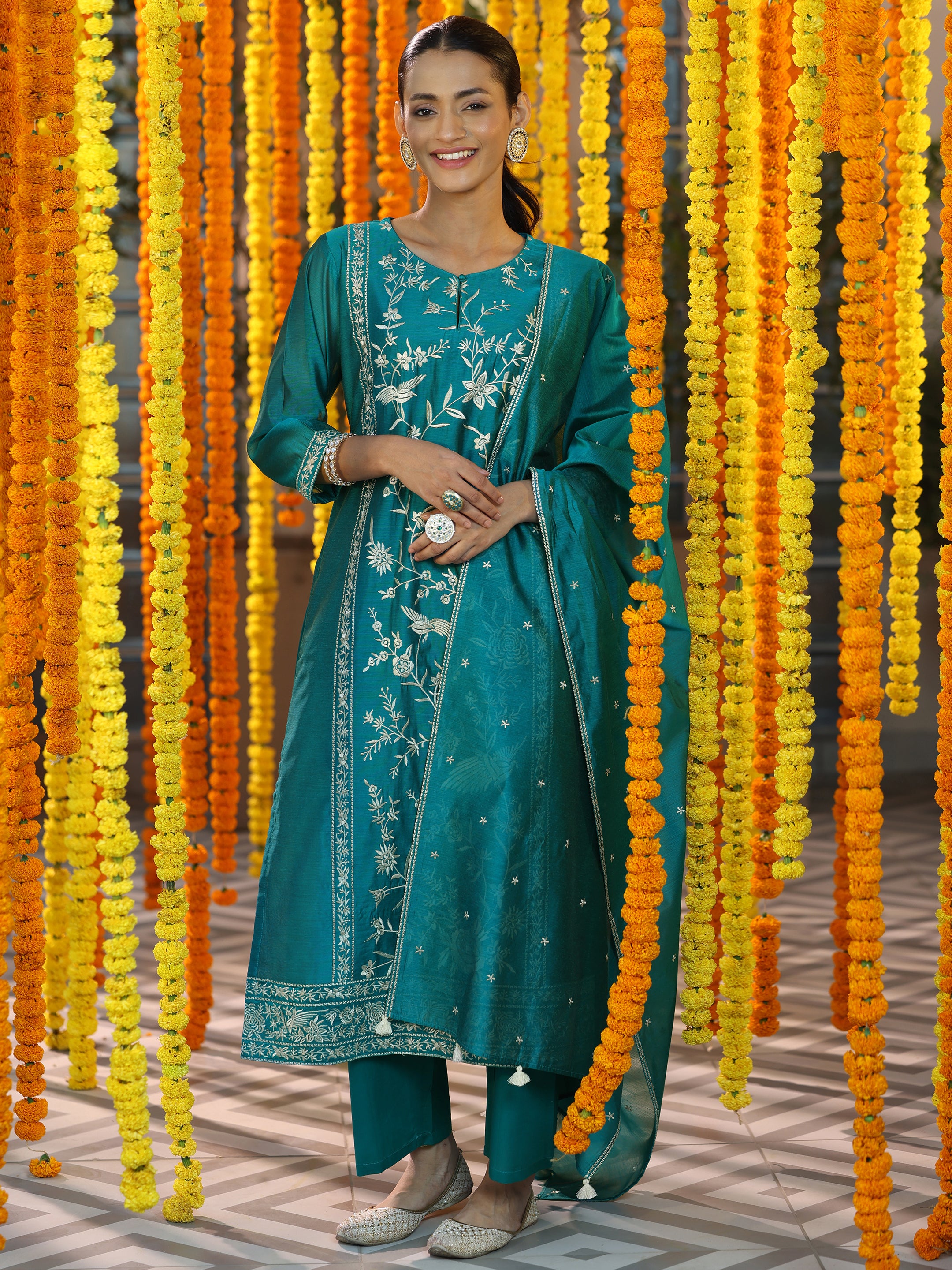 Teal Embroidered Chanderi Silk Straight Suit With Dupatta