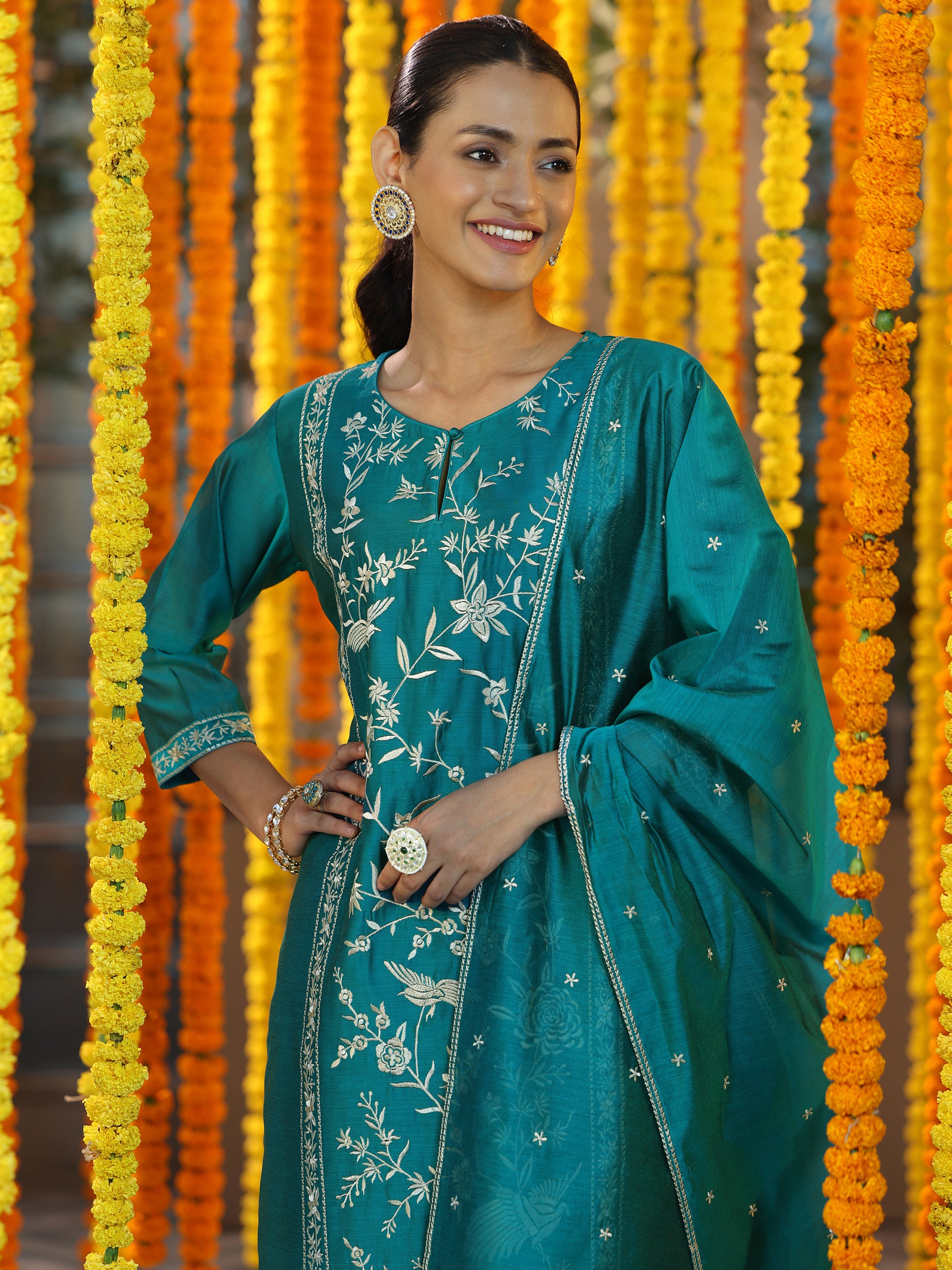 Teal Embroidered Chanderi Silk Straight Suit With Dupatta