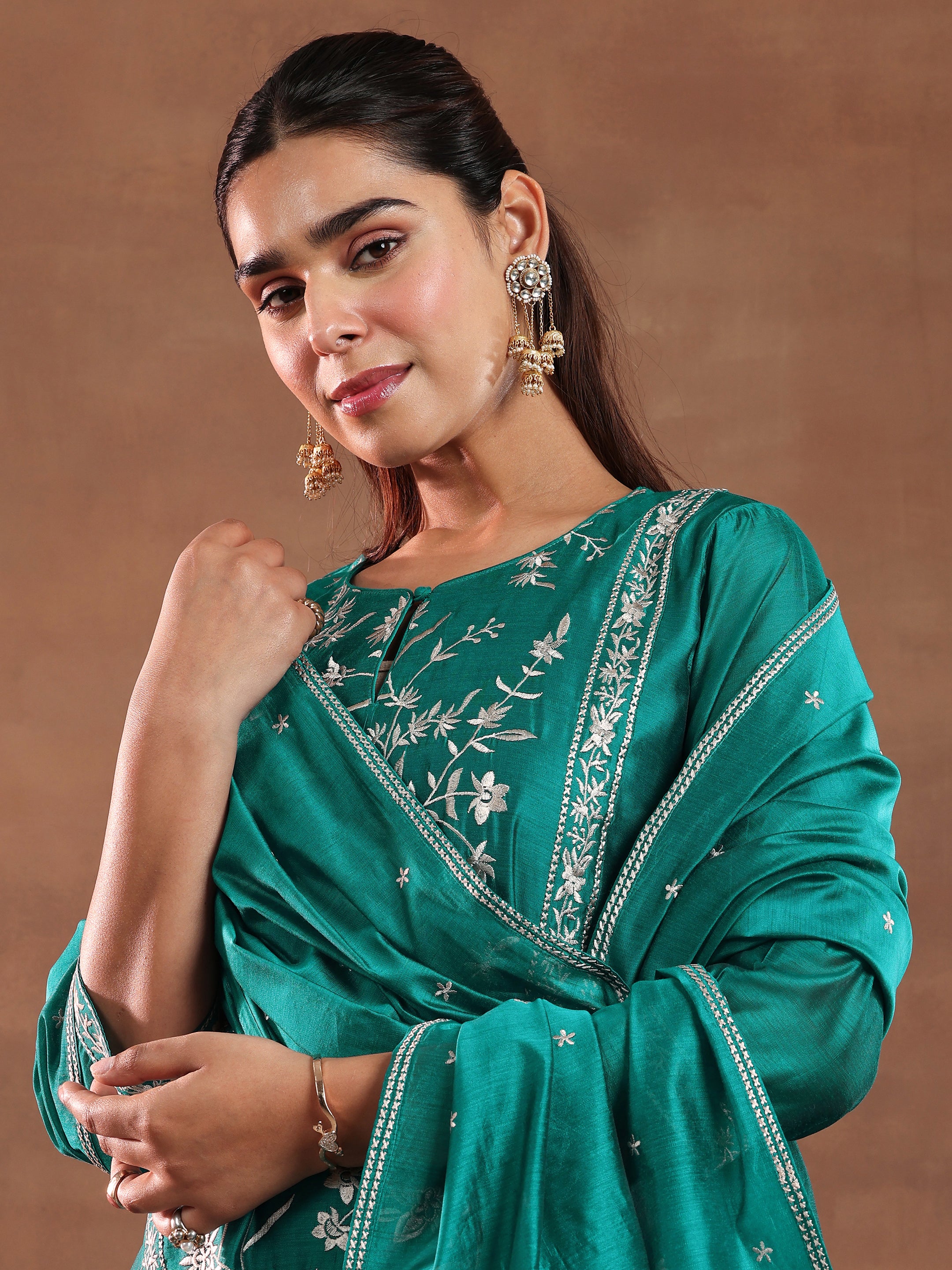 Teal Embroidered Chanderi Silk Straight Suit With Dupatta