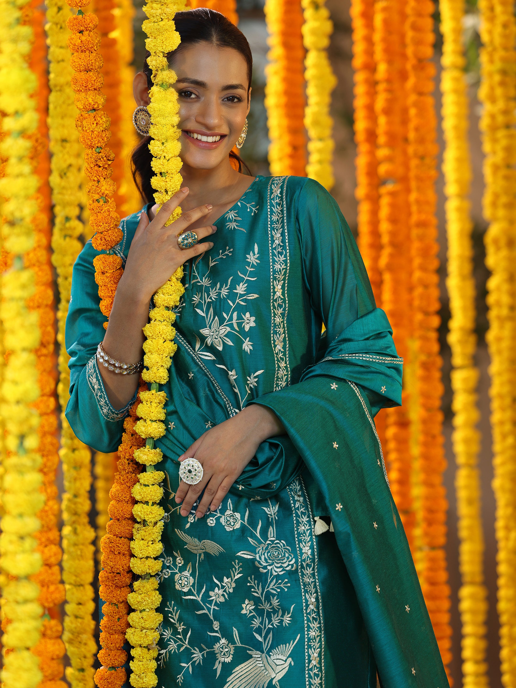 Teal Embroidered Chanderi Silk Straight Suit With Dupatta