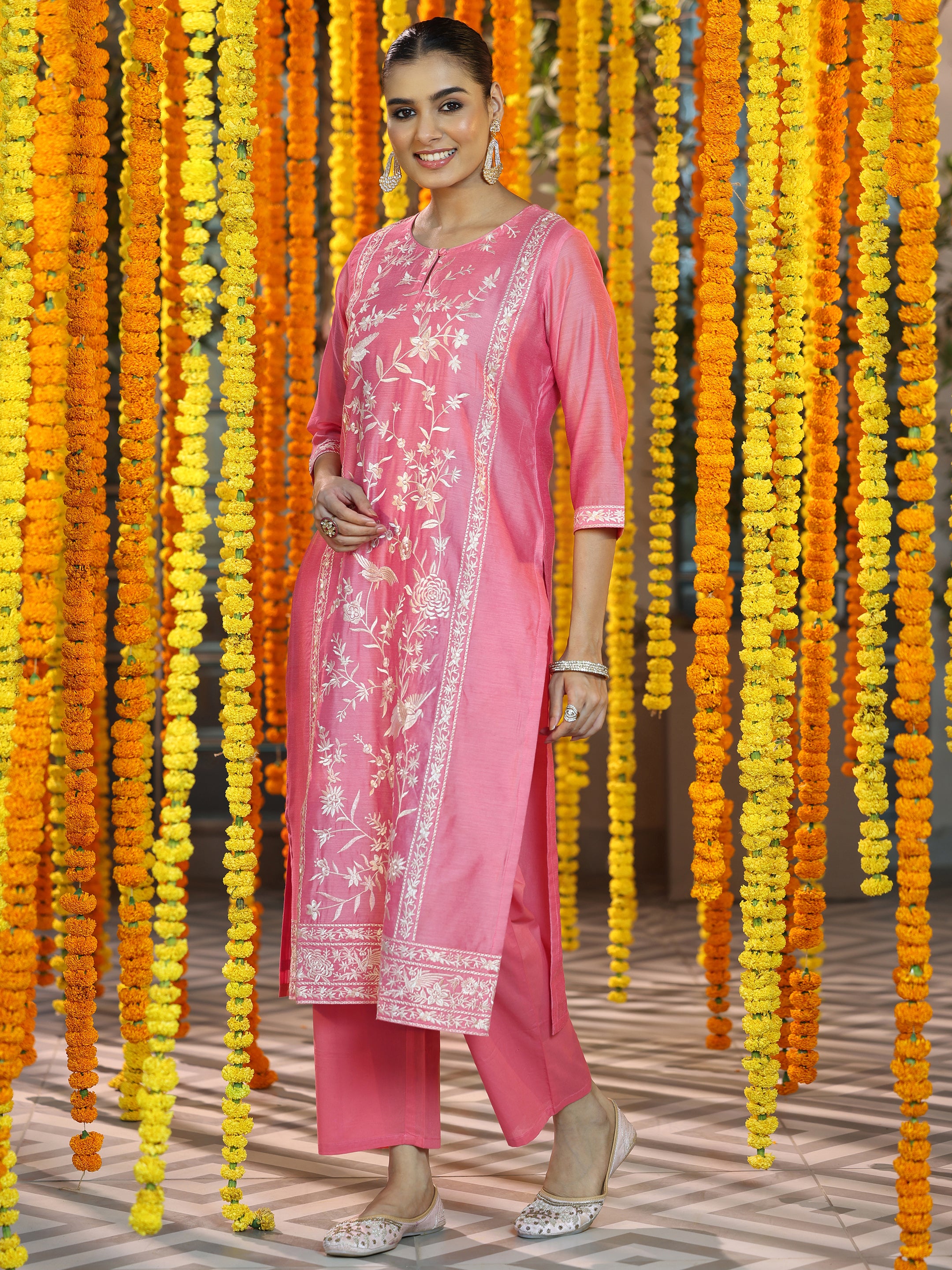 Coral Embroidered Chanderi Silk Straight Suit With Dupatta